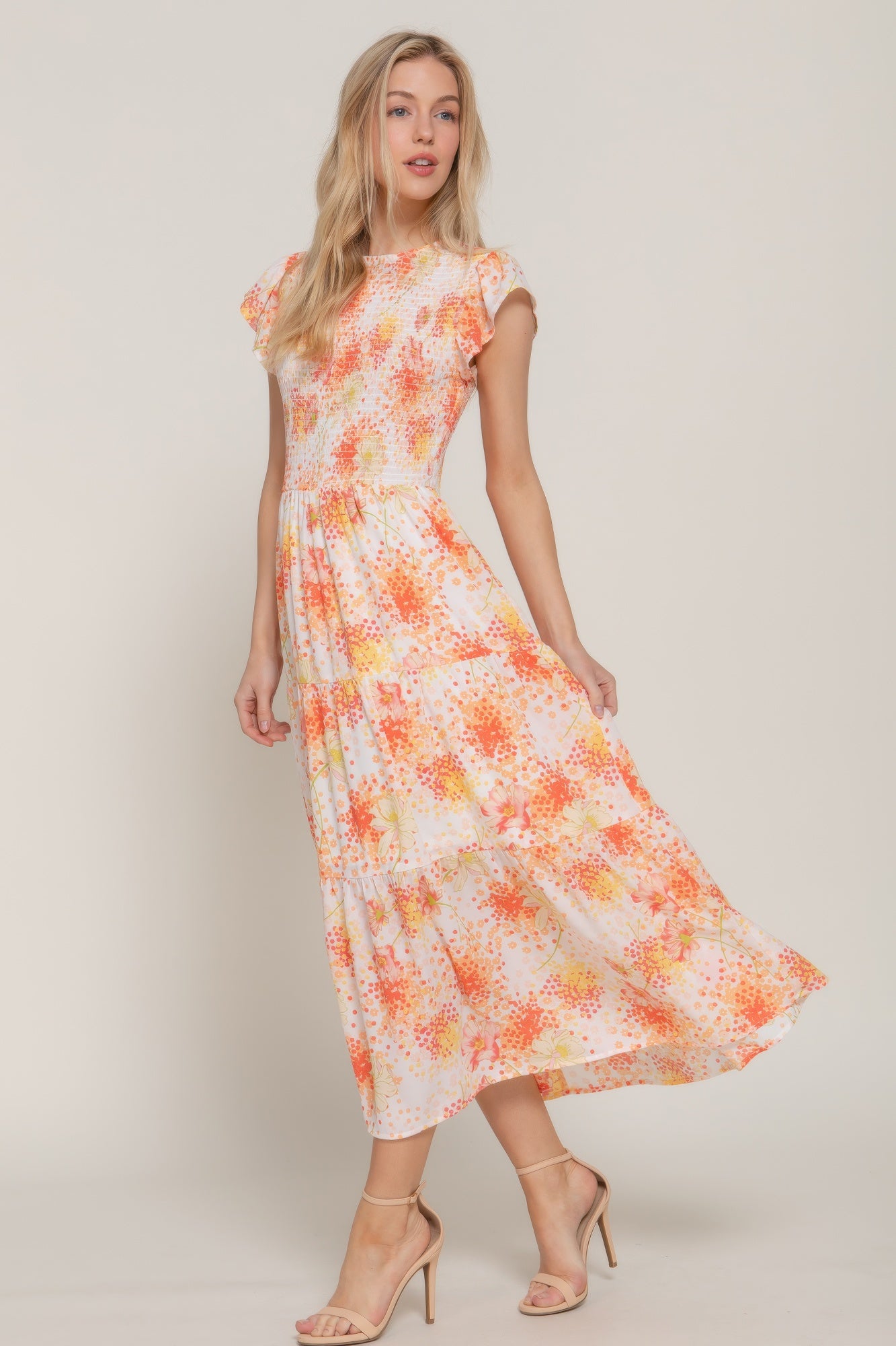 Ruffl Slv Smocked Floral Print Dresss - That Janis Style