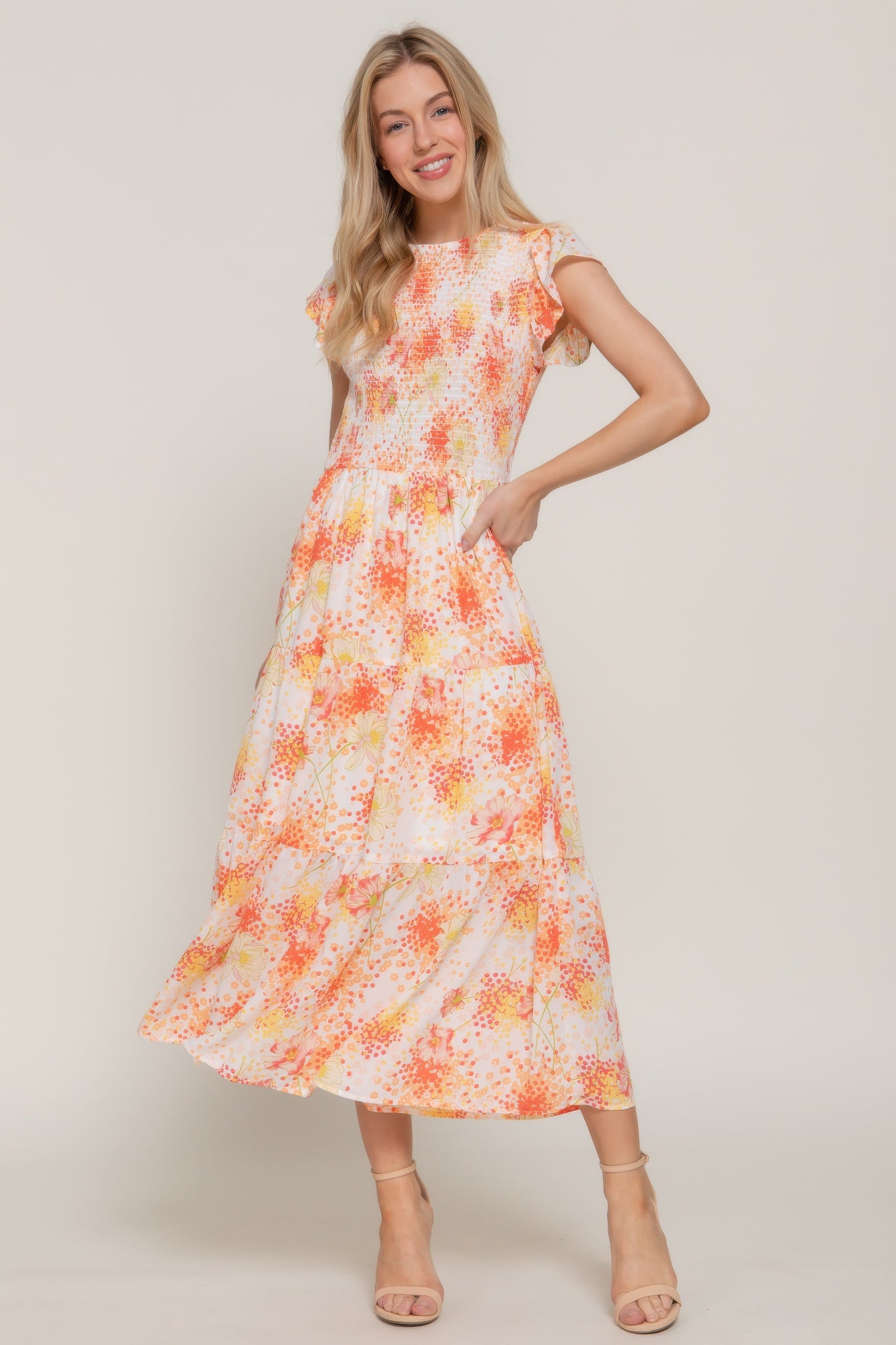 Ruffl Slv Smocked Floral Print Dresss - That Janis Style