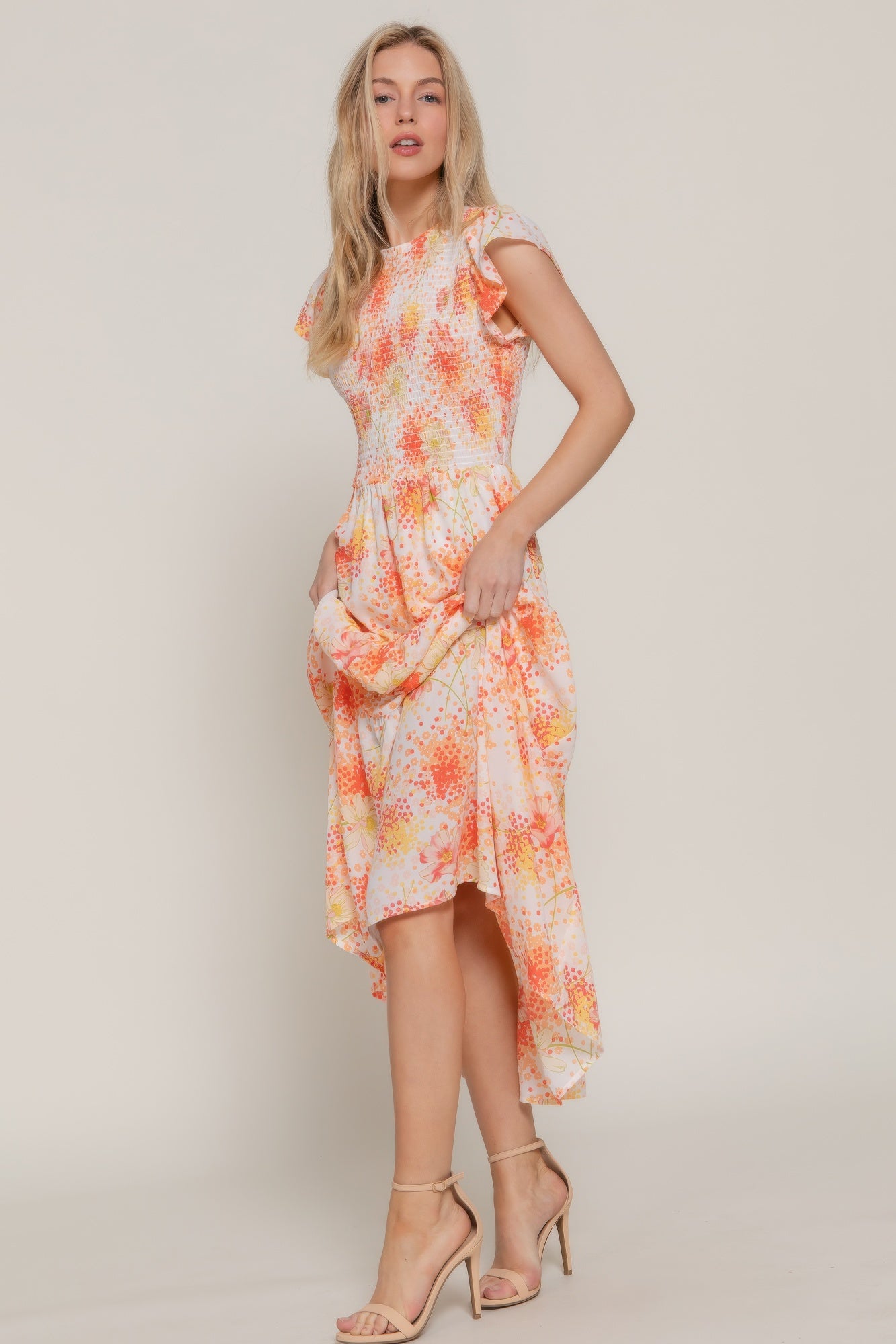 Ruffl Slv Smocked Floral Print Dresss - That Janis Style