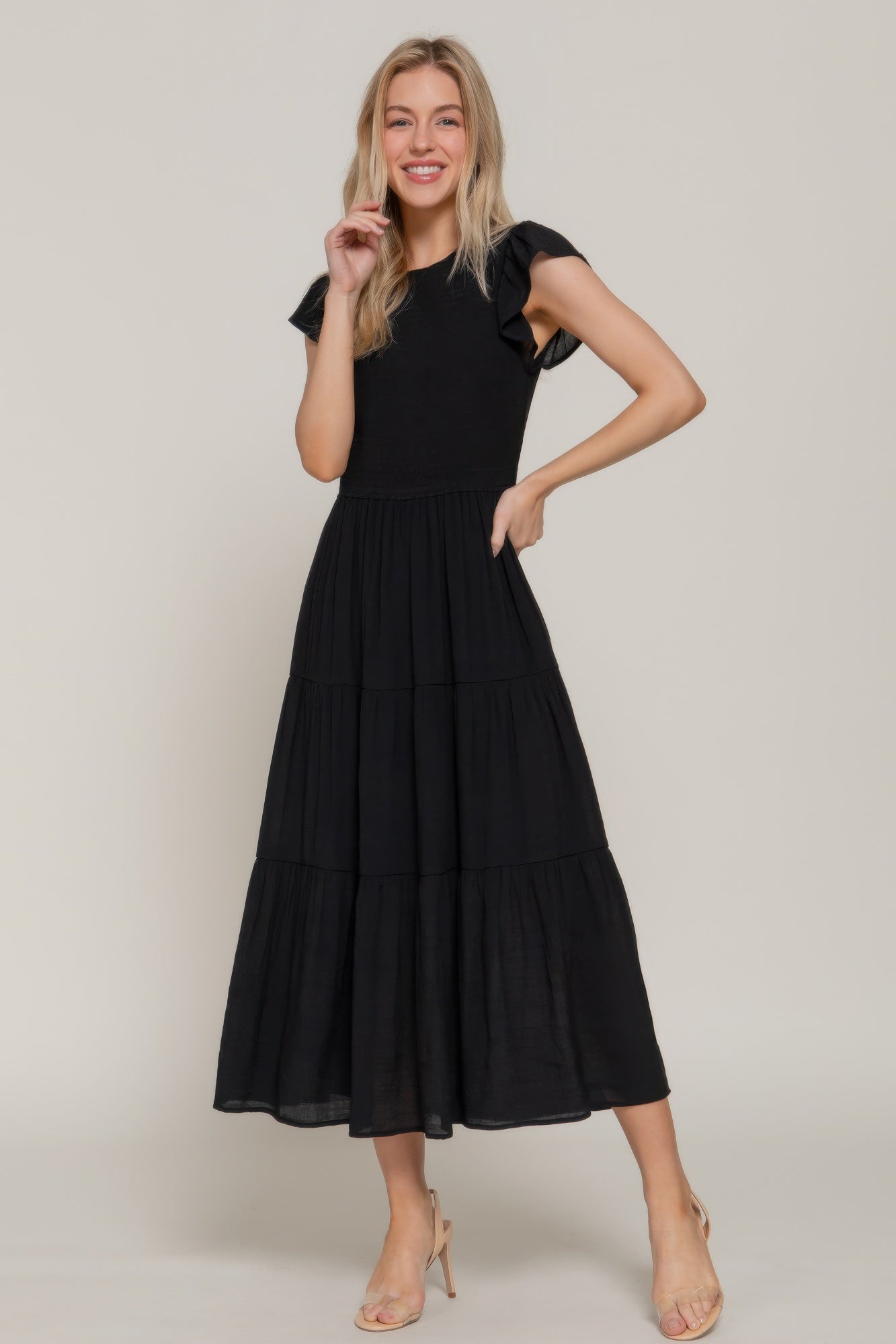 Ruffle Slv Smocked Solid Tired Dress - That Janis Style