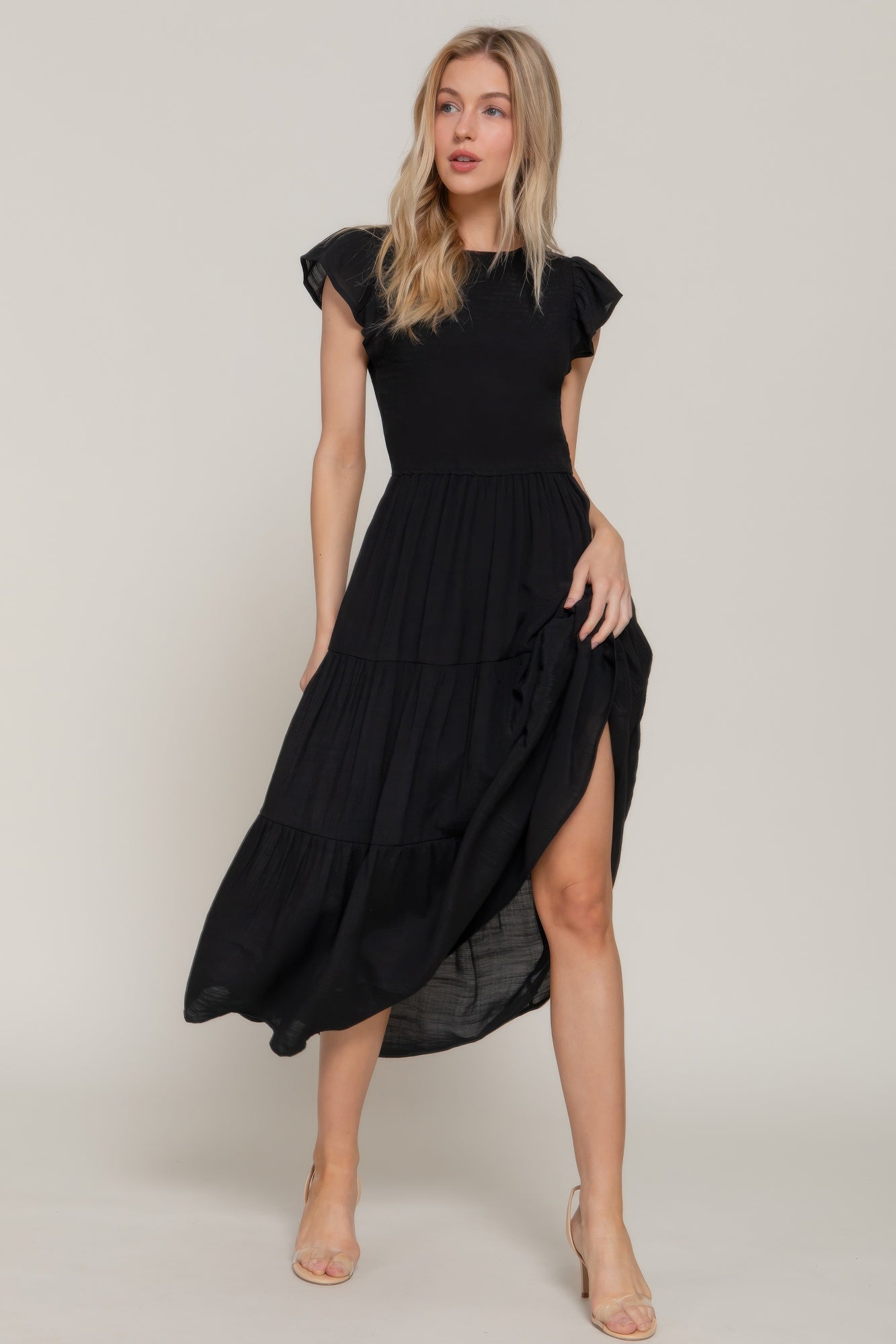 Ruffle Slv Smocked Solid Tired Dress - That Janis Style