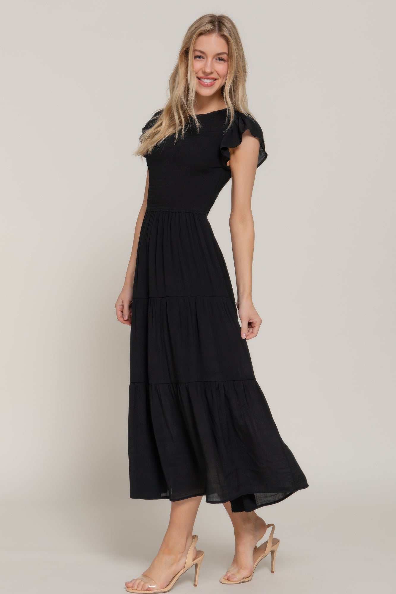 Ruffle Slv Smocked Solid Tired Dress - That Janis Style
