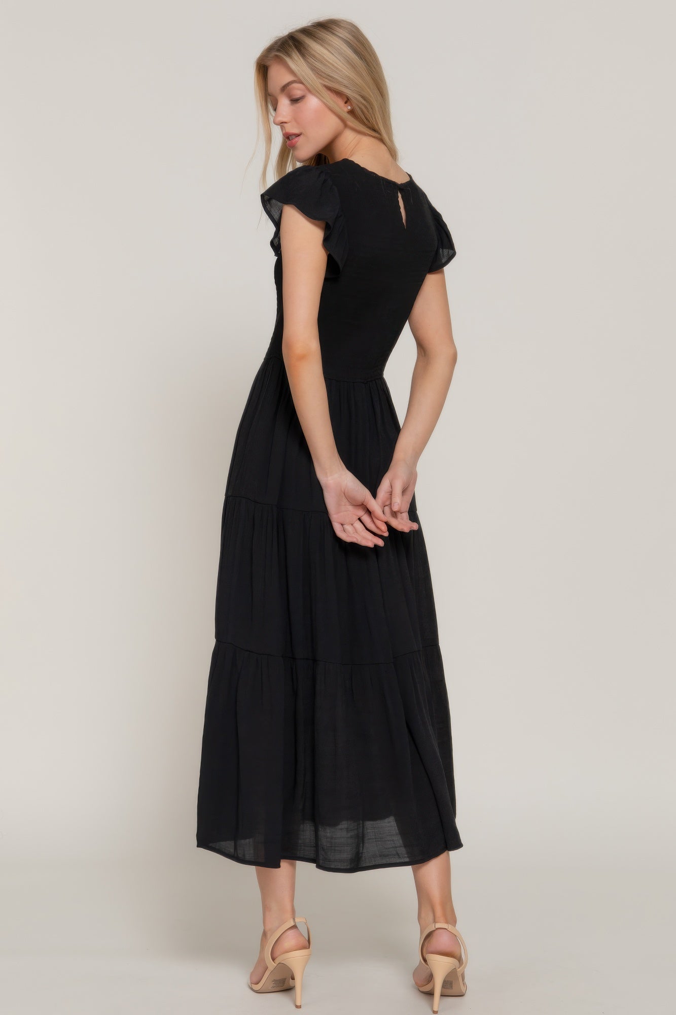 Ruffle Slv Smocked Solid Tired Dress - That Janis Style
