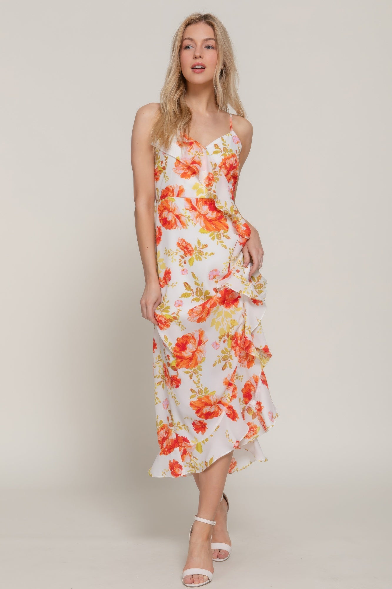 Floral Print Ruffle Slip Midi Dress - That Janis Style