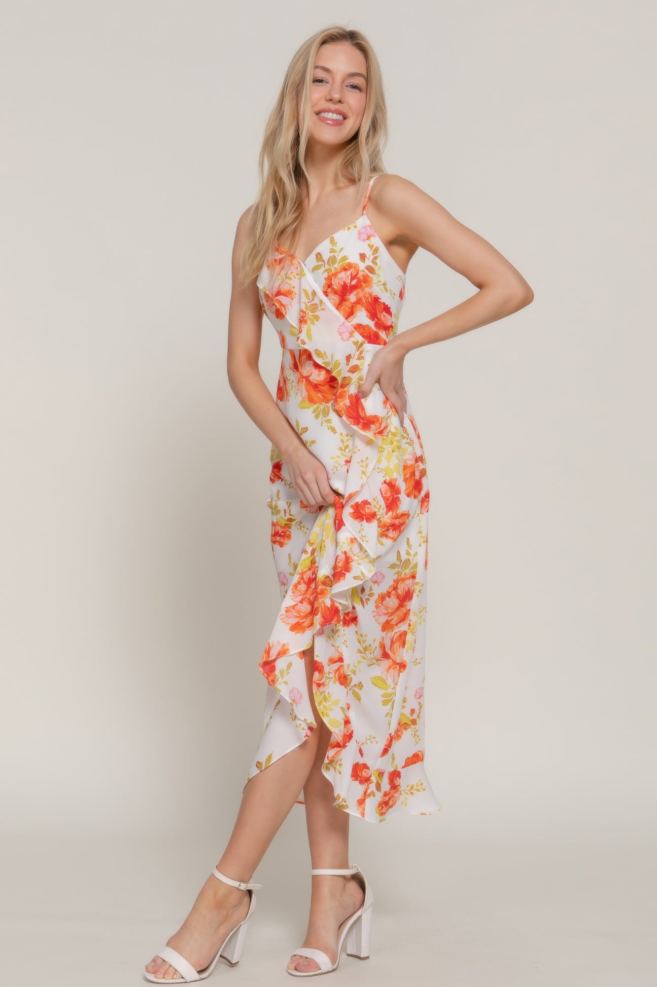 Floral Print Ruffle Slip Midi Dress - That Janis Style