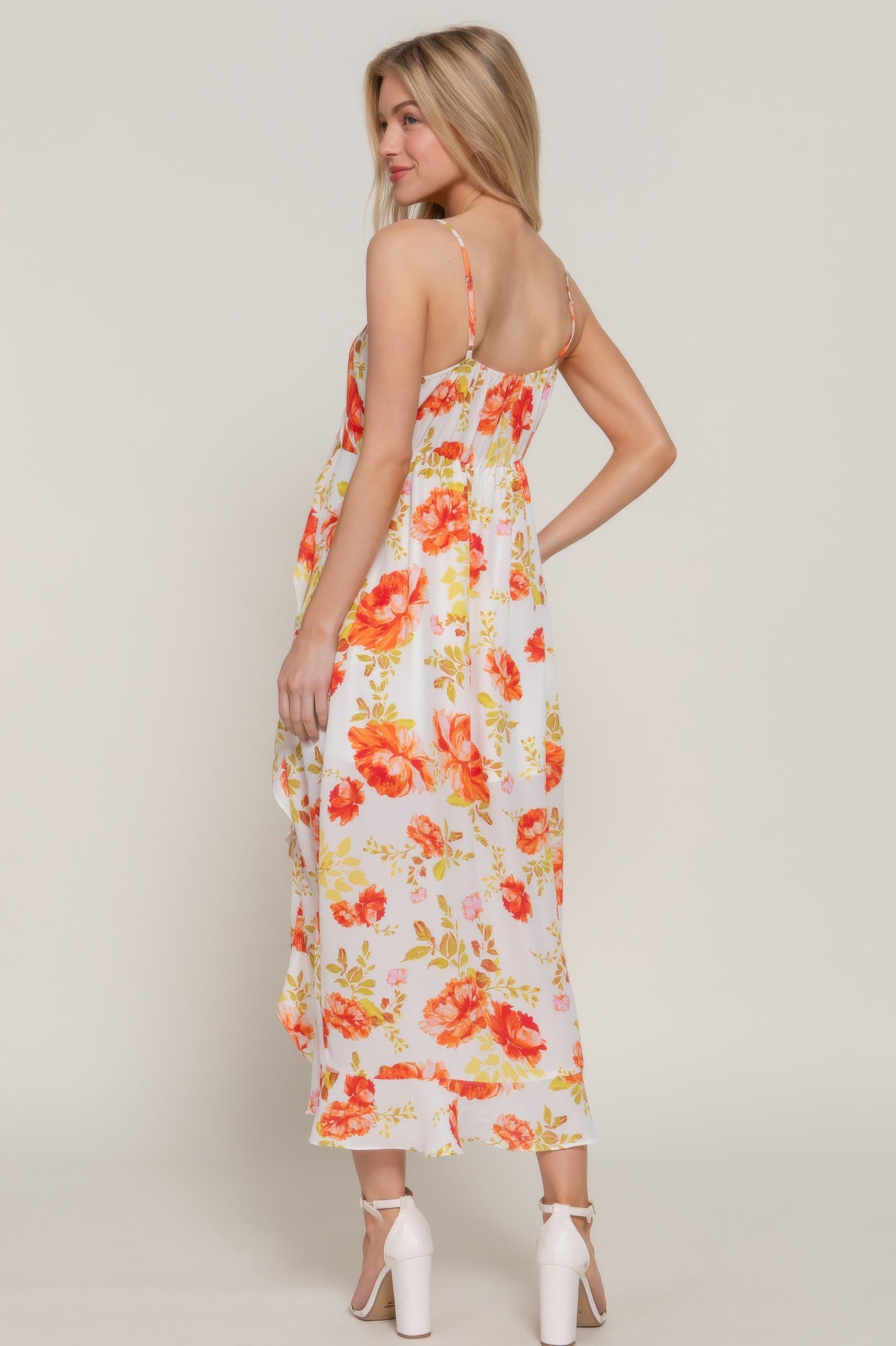 Floral Print Ruffle Slip Midi Dress - That Janis Style