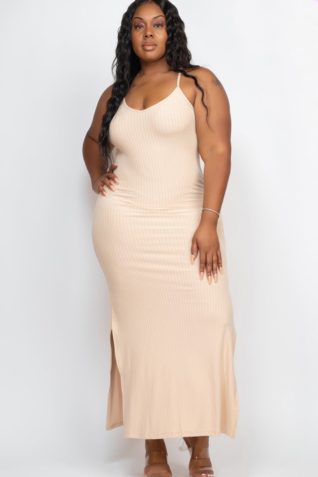 Plus Size Ribbed Side Slit Long Cami Maxi Dress - That Janis Style