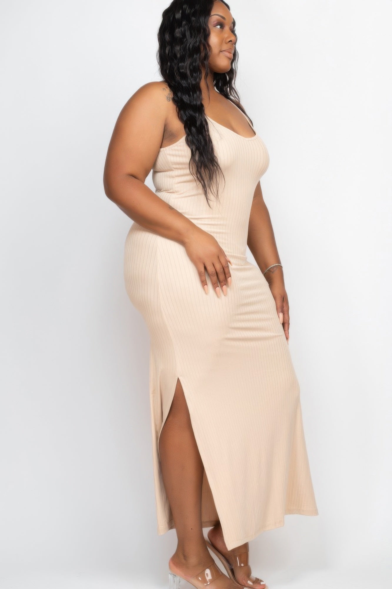 Plus Size Ribbed Side Slit Long Cami Maxi Dress - That Janis Style