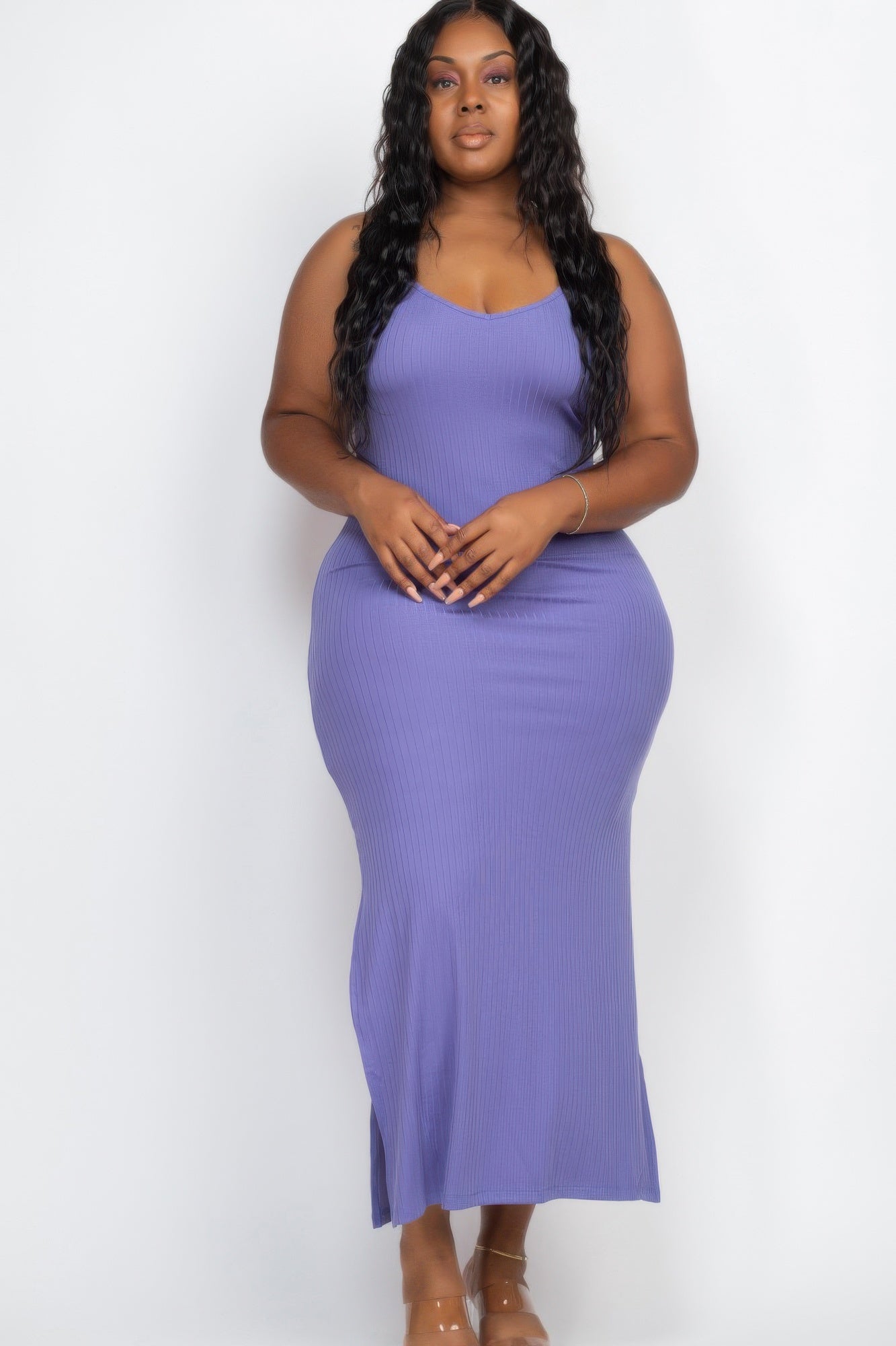 Plus Size Ribbed Side Slit Long Cami Maxi Dress - That Janis Style