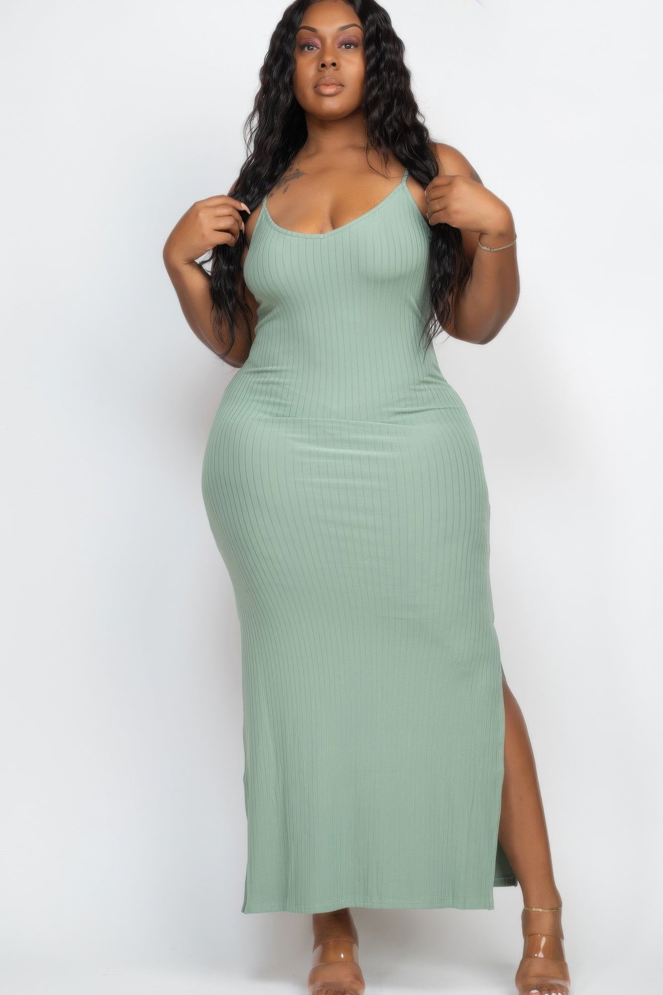 Plus Size Ribbed Side Slit Long Cami Maxi Dress - That Janis Style