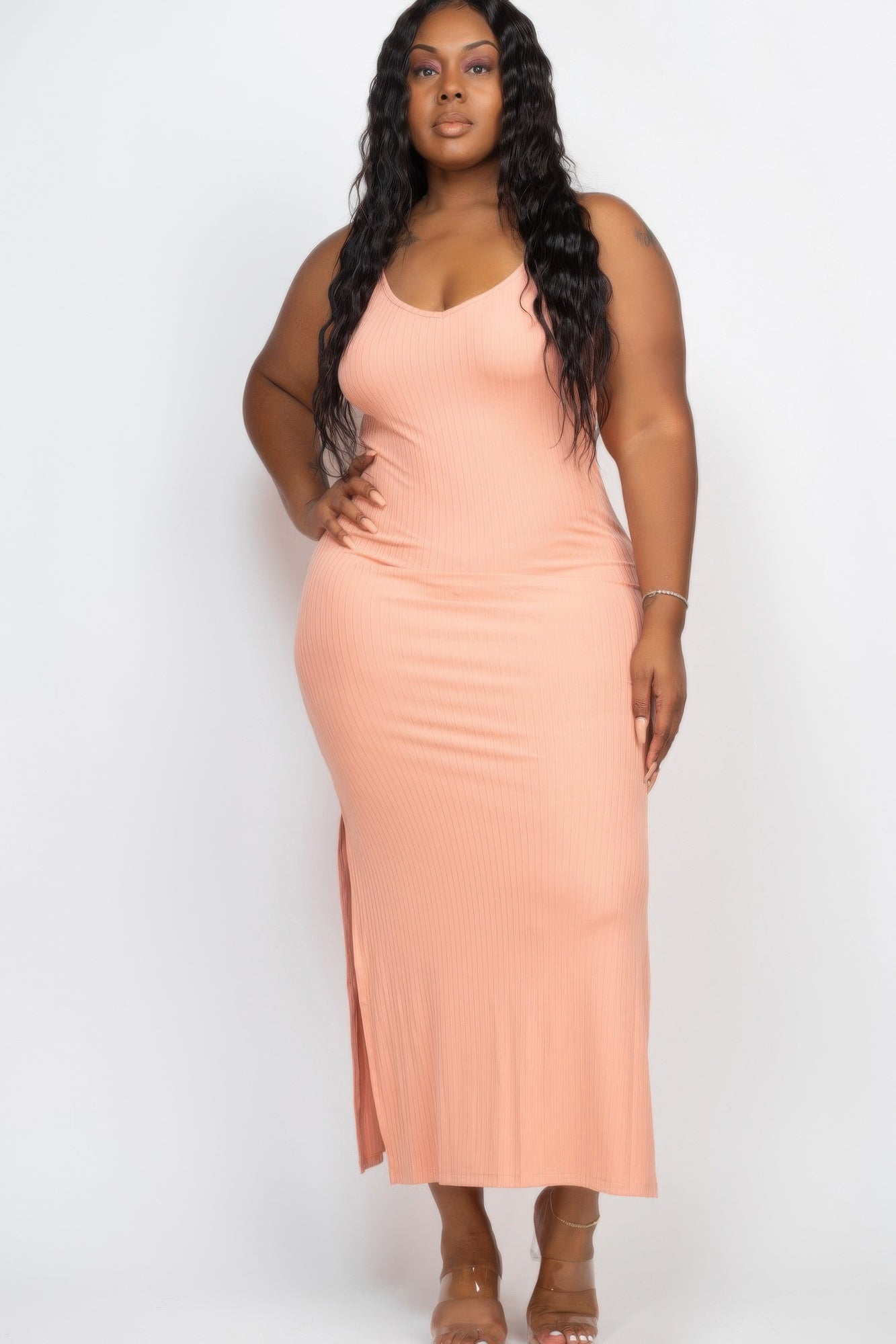 Plus Size Ribbed Side Slit Long Cami Maxi Dress - That Janis Style
