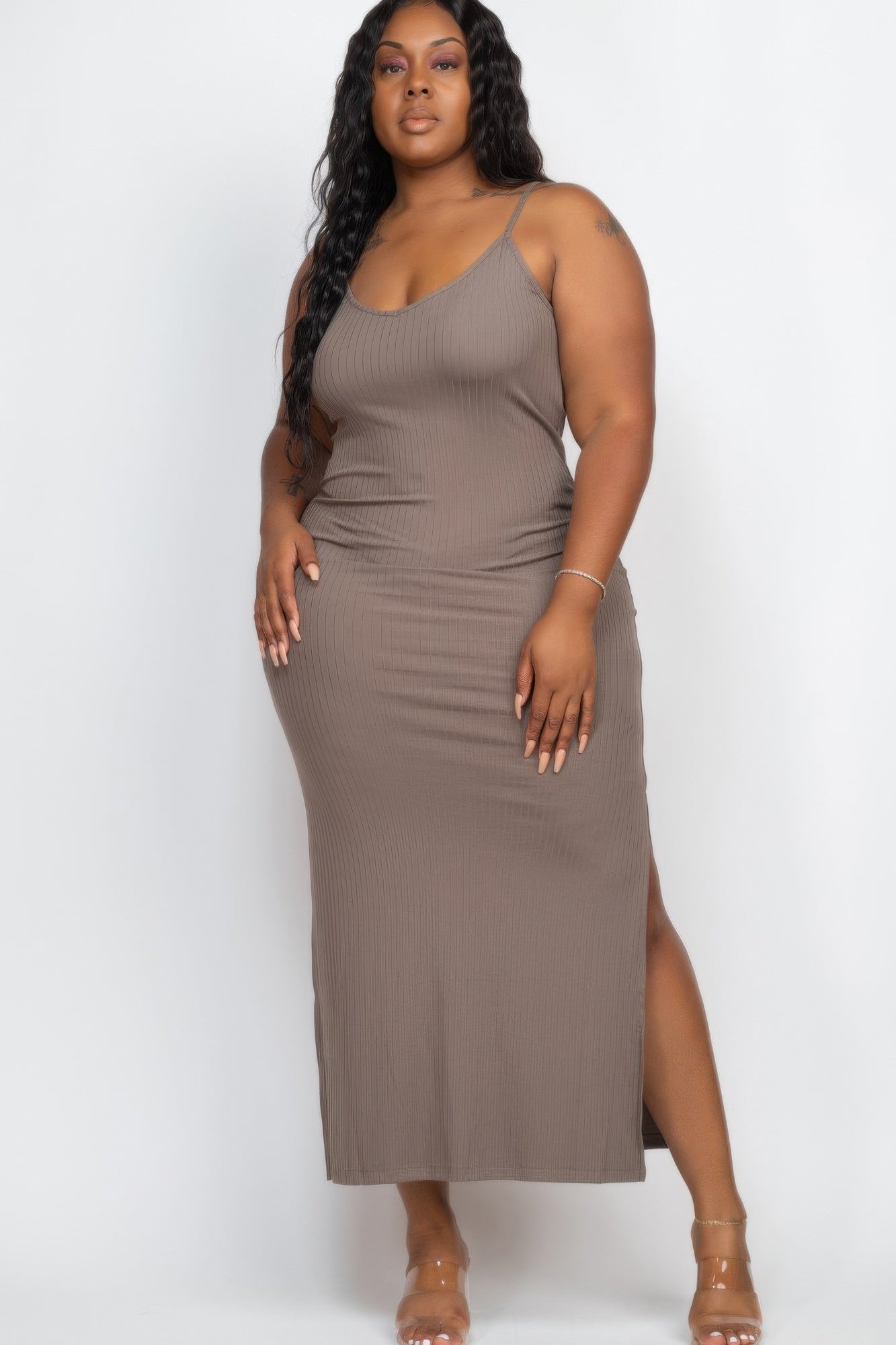 Plus Size Ribbed Side Slit Long Cami Maxi Dress - That Janis Style