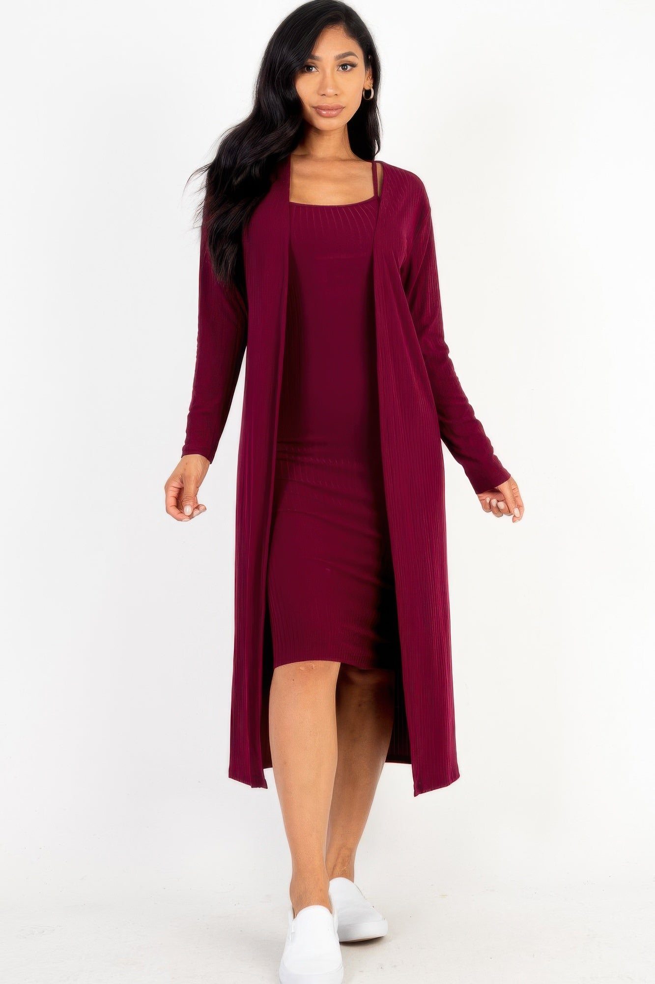 Ribbed Cardigan & Cami Midi Bodycon Dress - That Janis Style