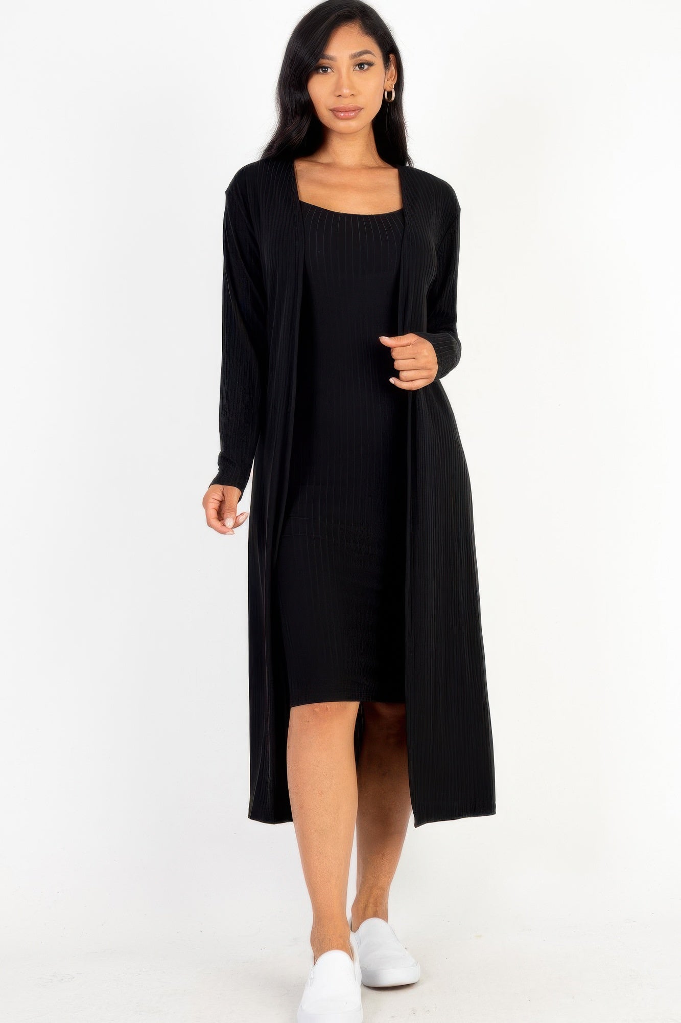 Ribbed Cardigan & Cami Midi Bodycon Dress - That Janis Style