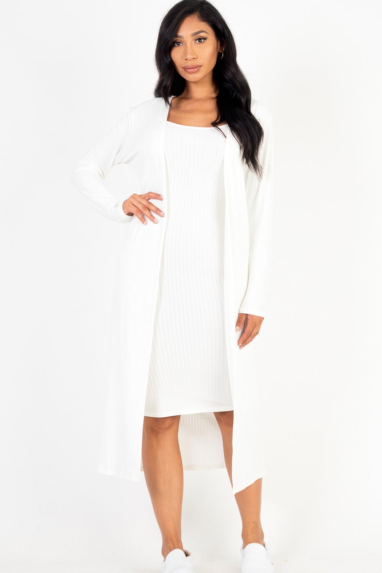 Ribbed Cardigan & Cami Midi Bodycon Dress - That Janis Style