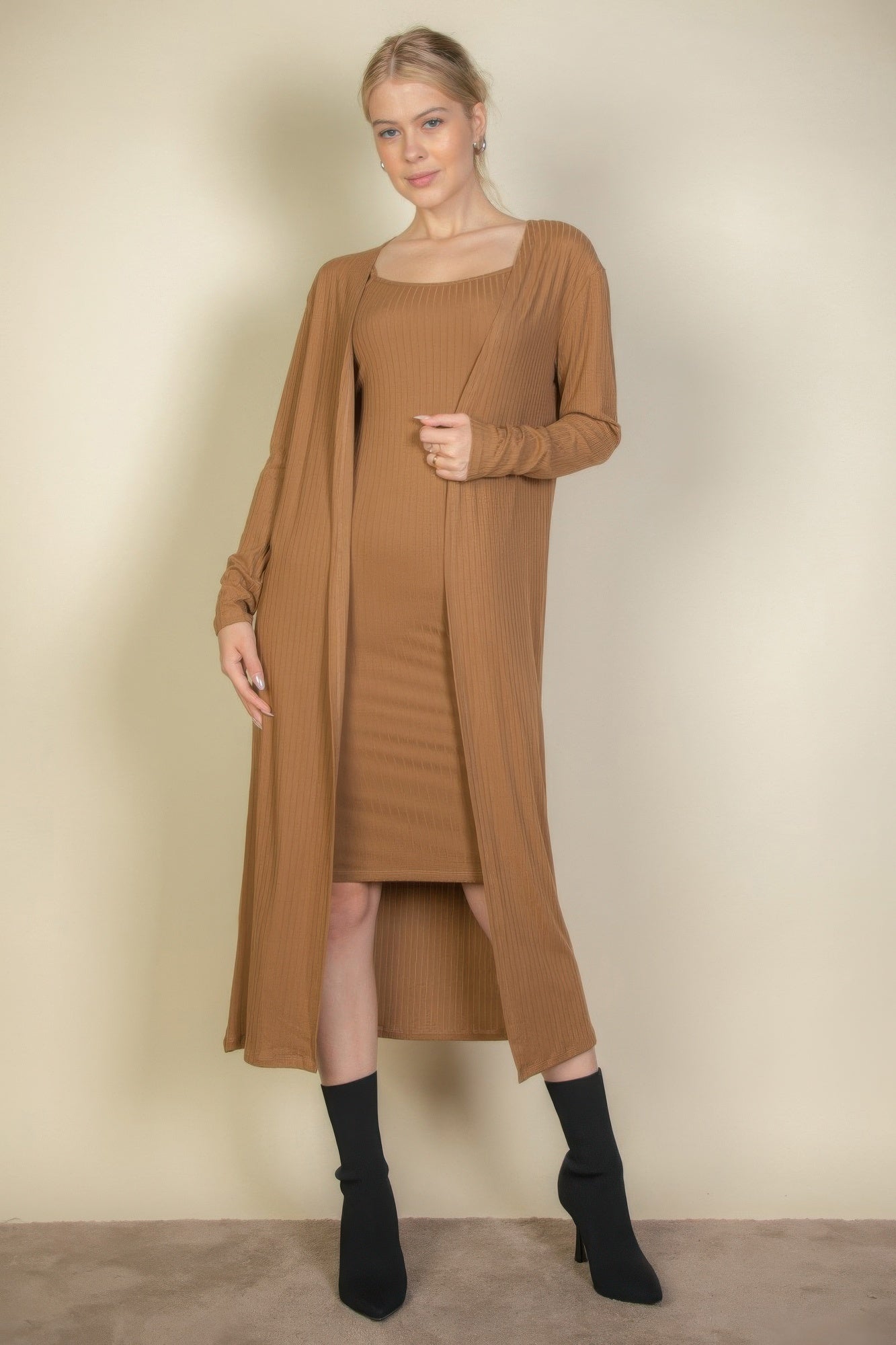 Ribbed Cardigan & Cami Midi Bodycon Dress - That Janis Style