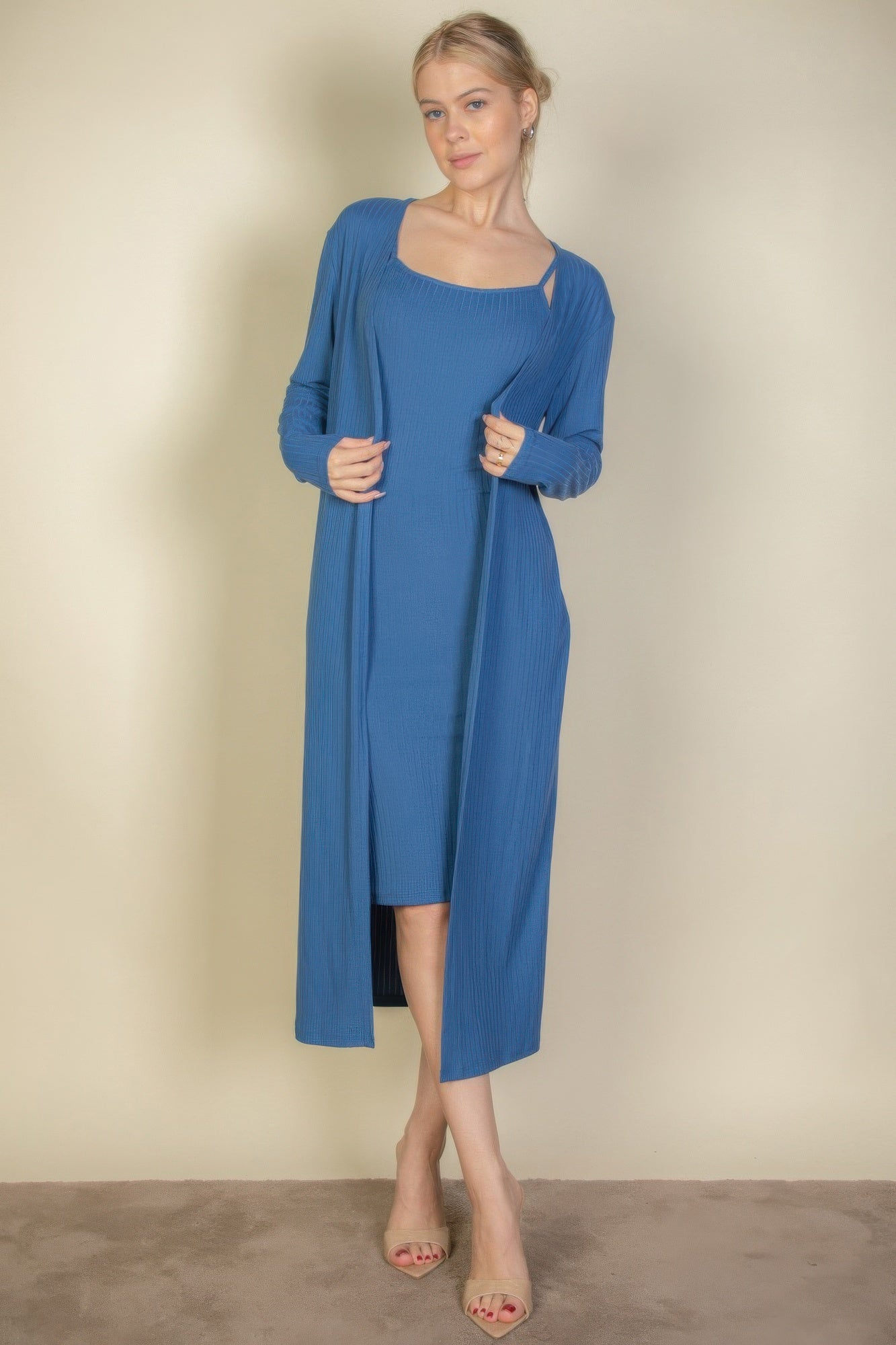 Ribbed Cardigan & Cami Midi Bodycon Dress - That Janis Style
