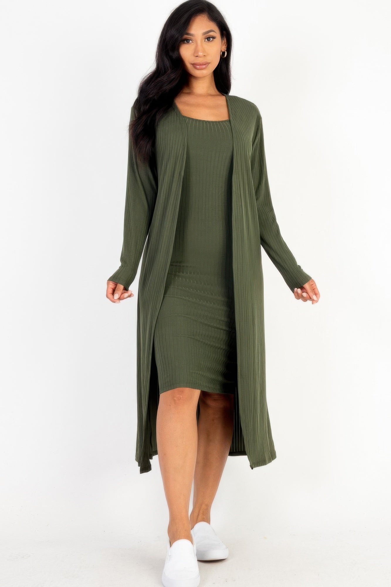 Ribbed Cardigan & Cami Midi Bodycon Dress - That Janis Style