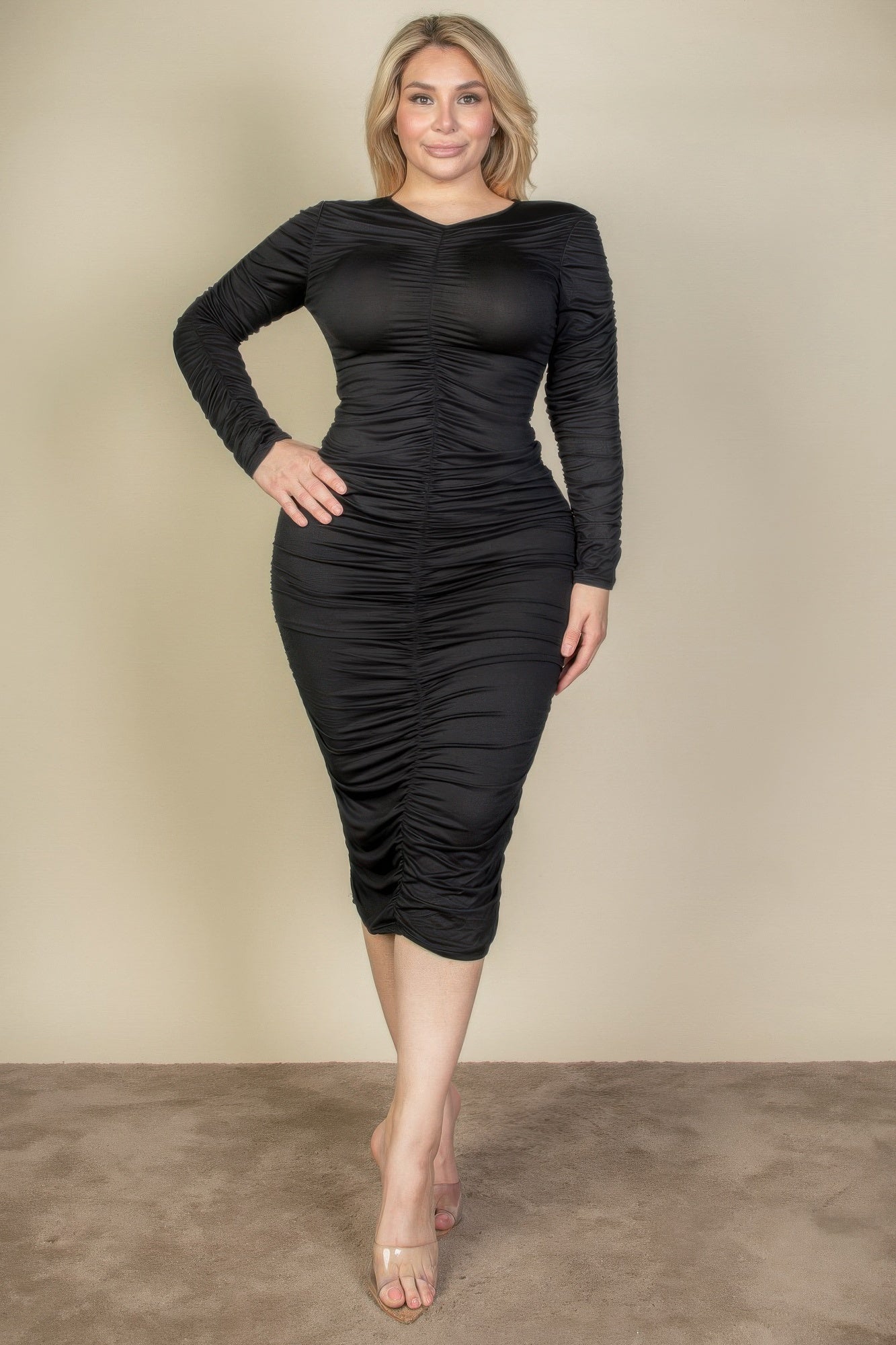 Plus Size Ruched Long Sleeve Midi Dress - That Janis Style