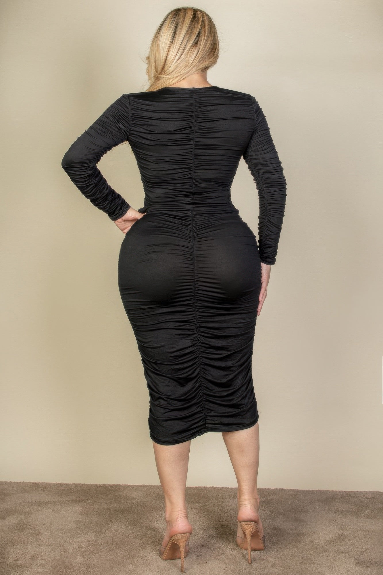Plus Size Ruched Long Sleeve Midi Dress - That Janis Style
