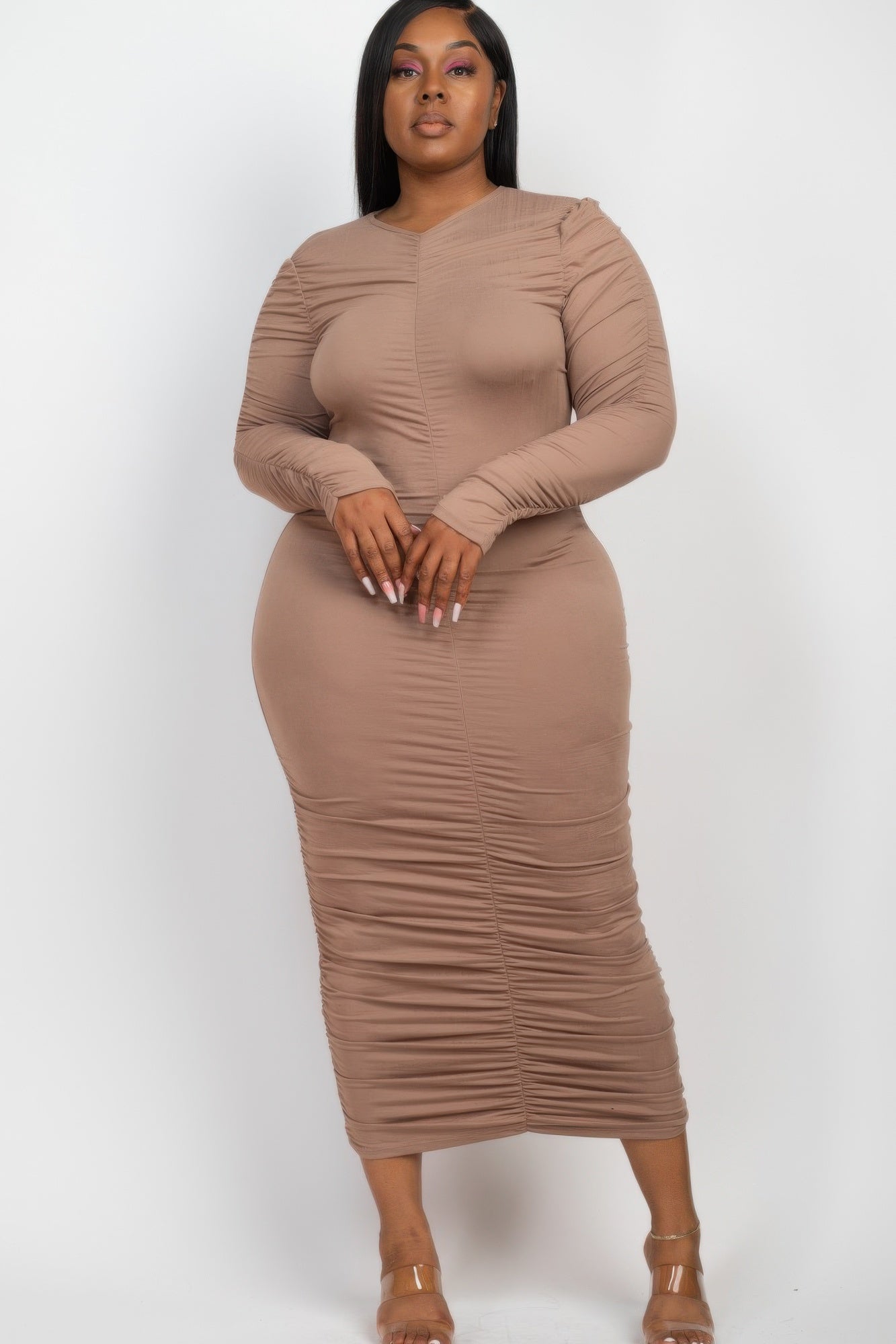 Plus Size Ruched Long Sleeve Midi Dress - That Janis Style
