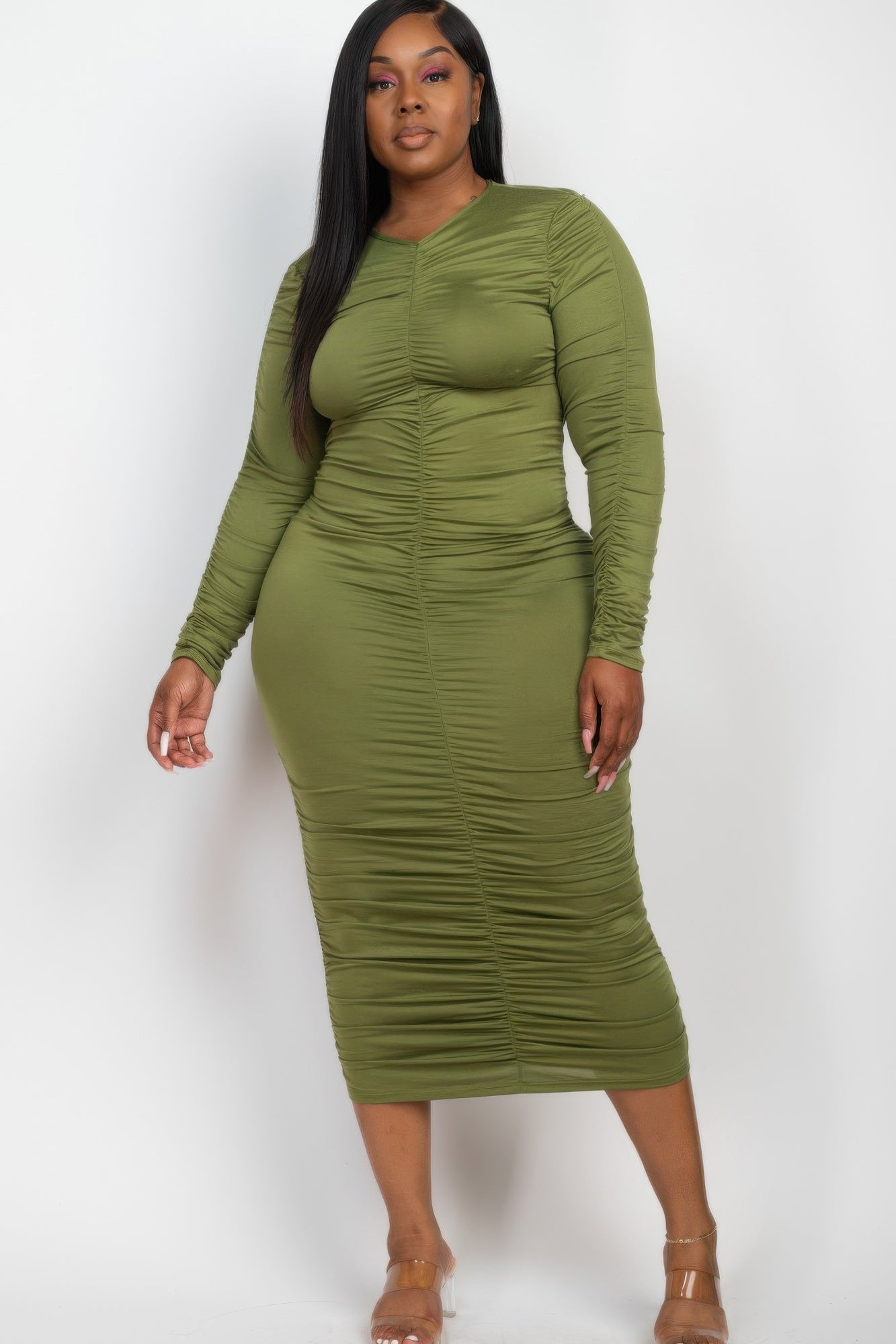 Plus Size Ruched Long Sleeve Midi Dress - That Janis Style