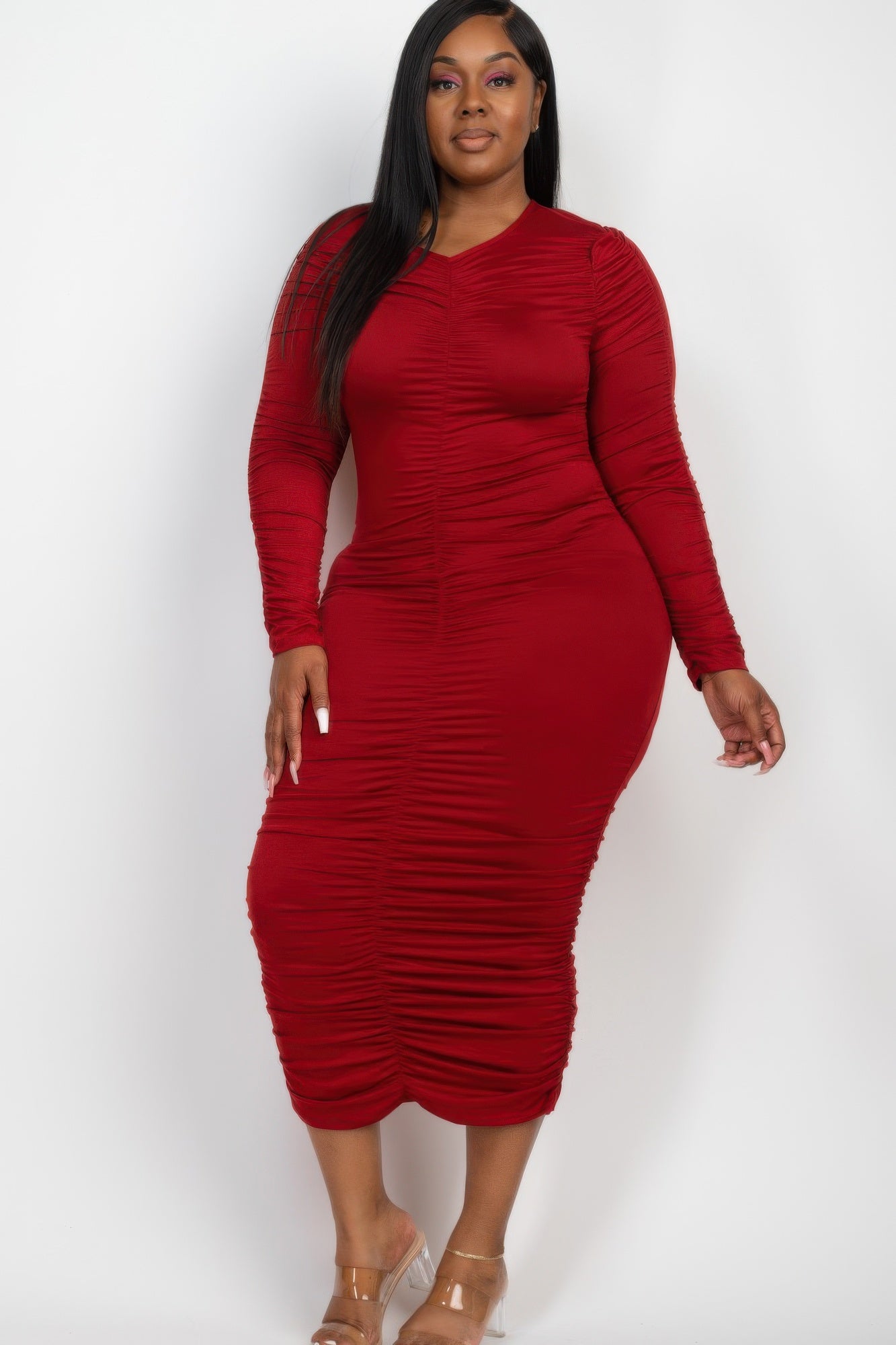 Plus Size Ruched Long Sleeve Midi Dress - That Janis Style