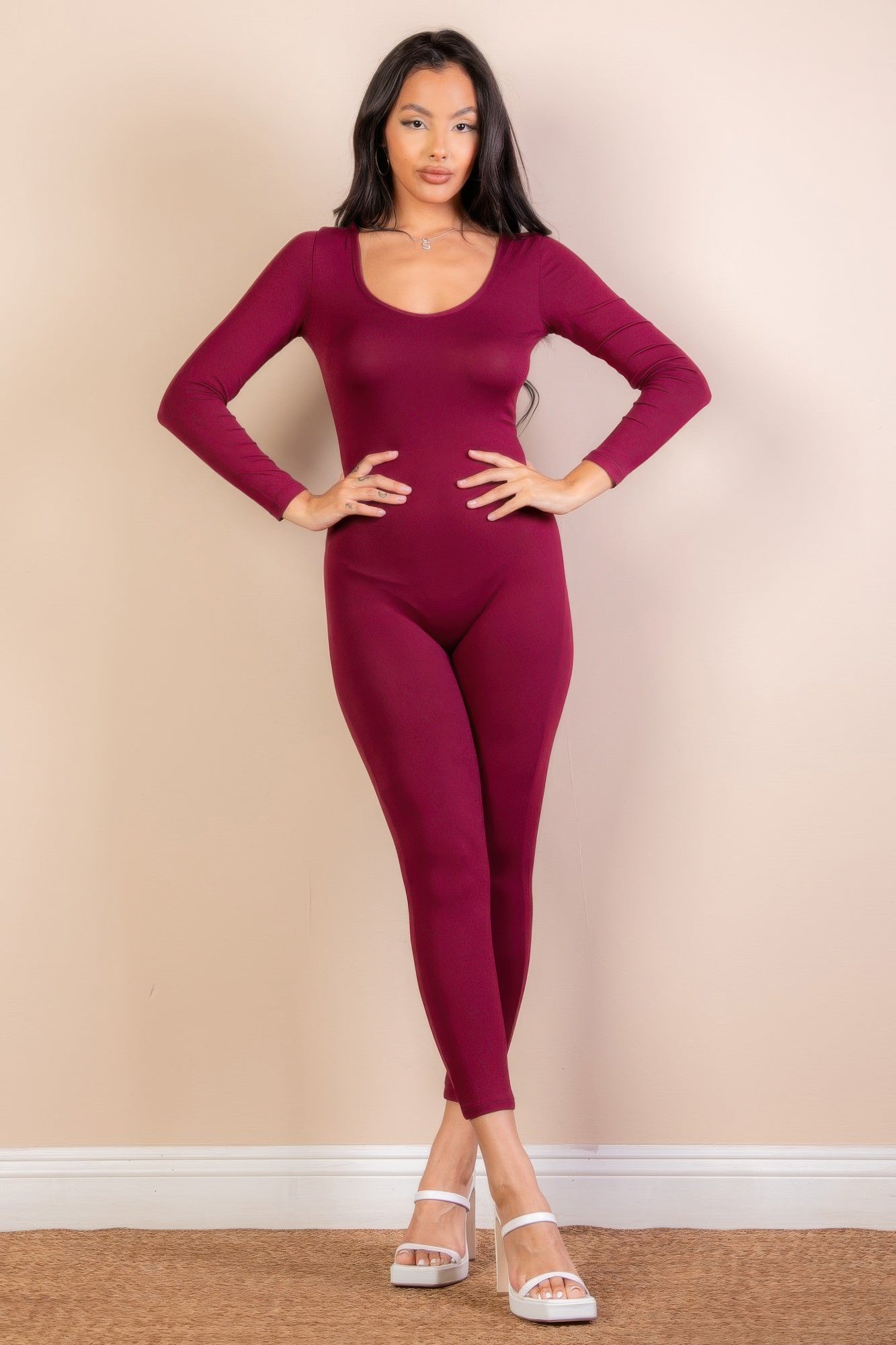 Scoop Neck Long Sleeve Bodycon Jumpsuit - That Janis Style
