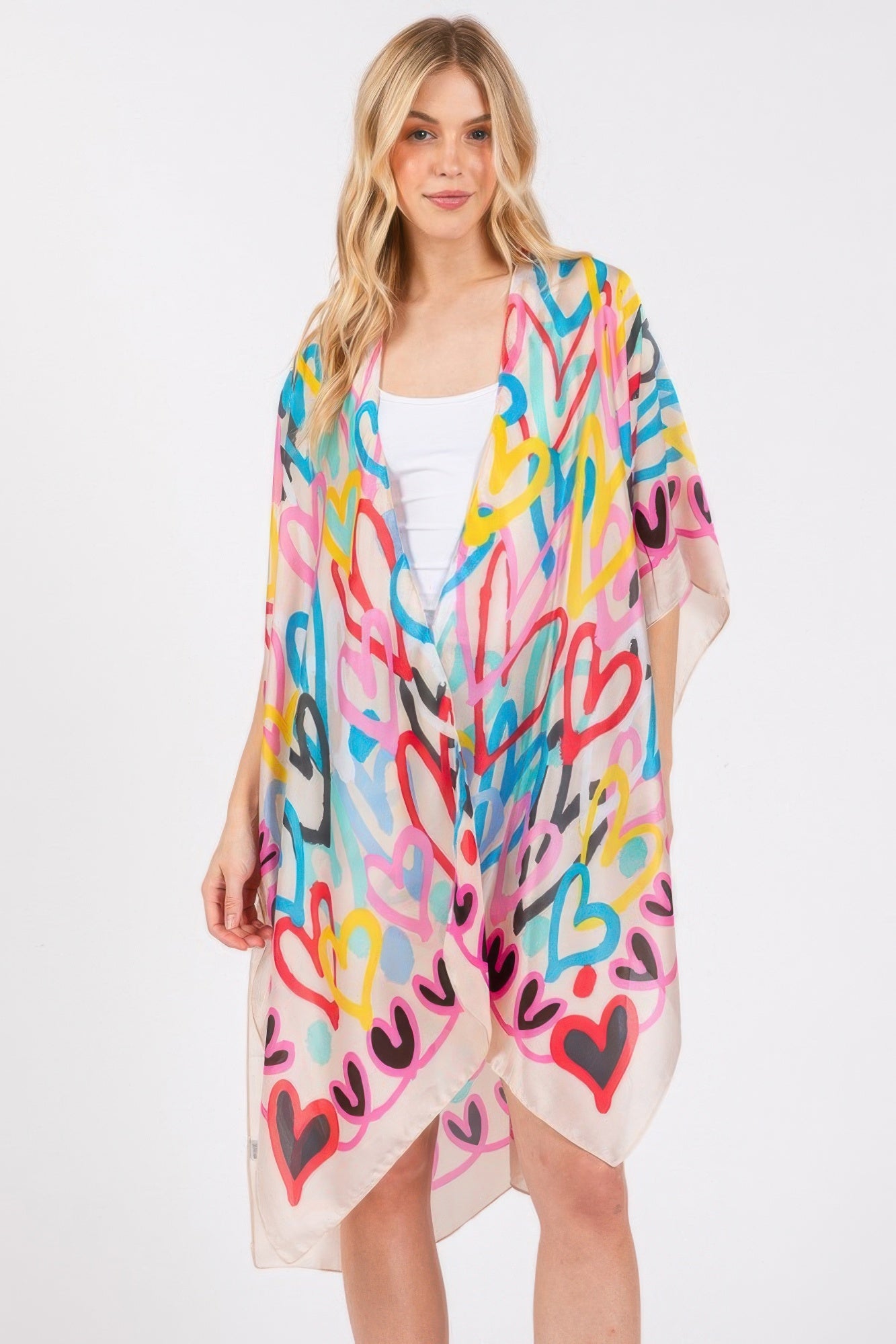 Multi Colored Heart Print Silky Feel Kimono - That Janis Style