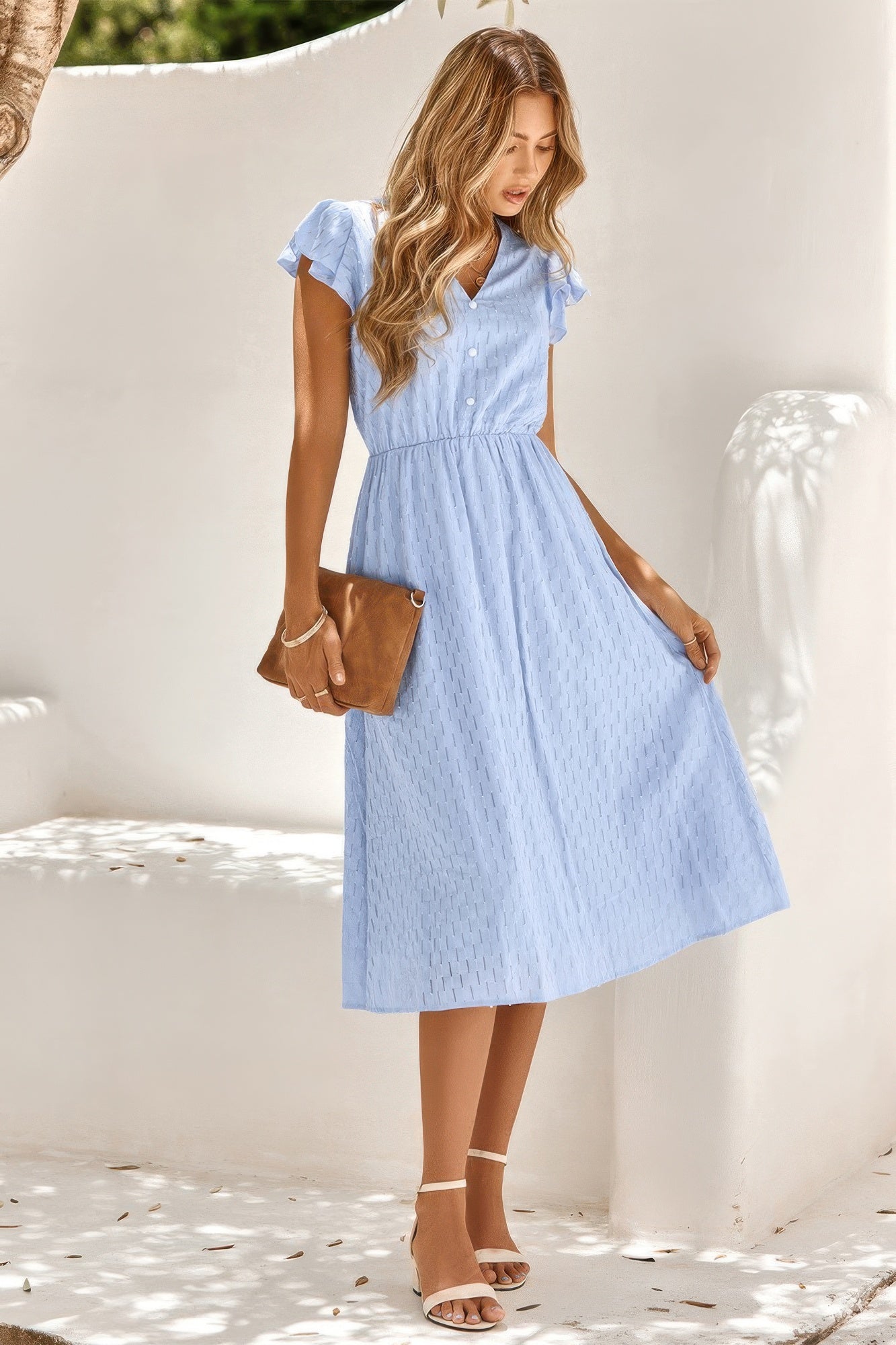 V Neck Short Sleeve Solid Ruffle A Line Midi Dress - That Janis Style
