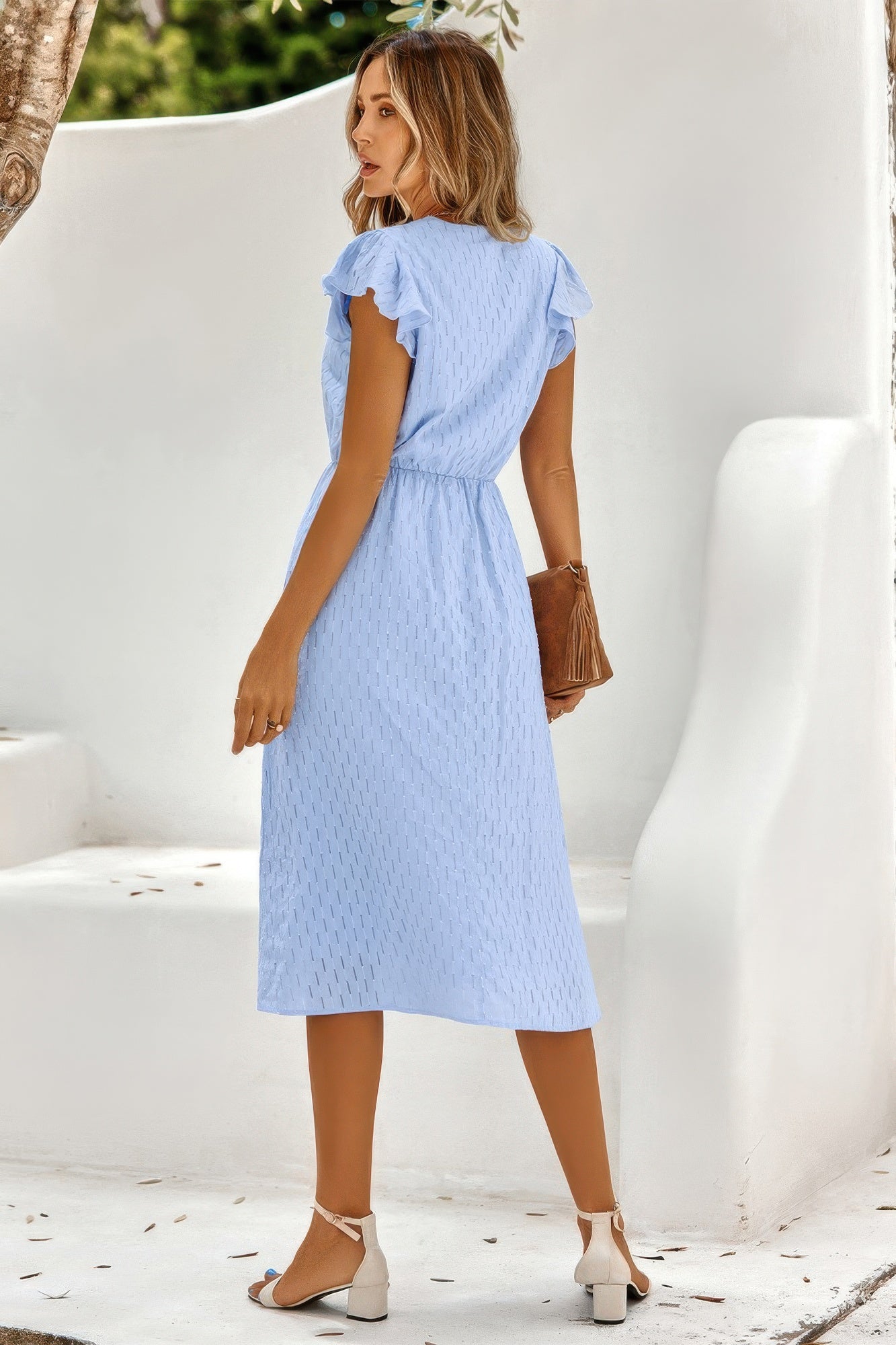V Neck Short Sleeve Solid Ruffle A Line Midi Dress - That Janis Style