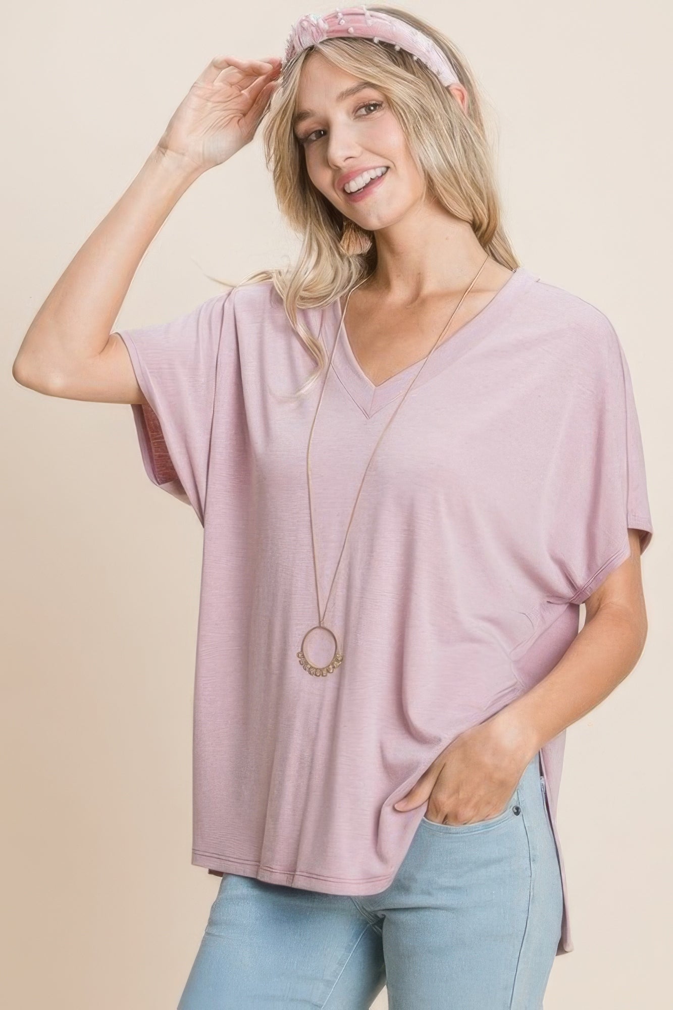 Solid V Neck Casual And Basic Top With Short Dolman Sleeves And Side Slit Hem - That Janis Style