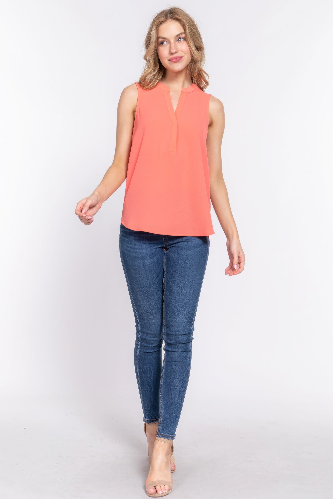 Sleeveless Henley Neck Woven Top - That Janis Style