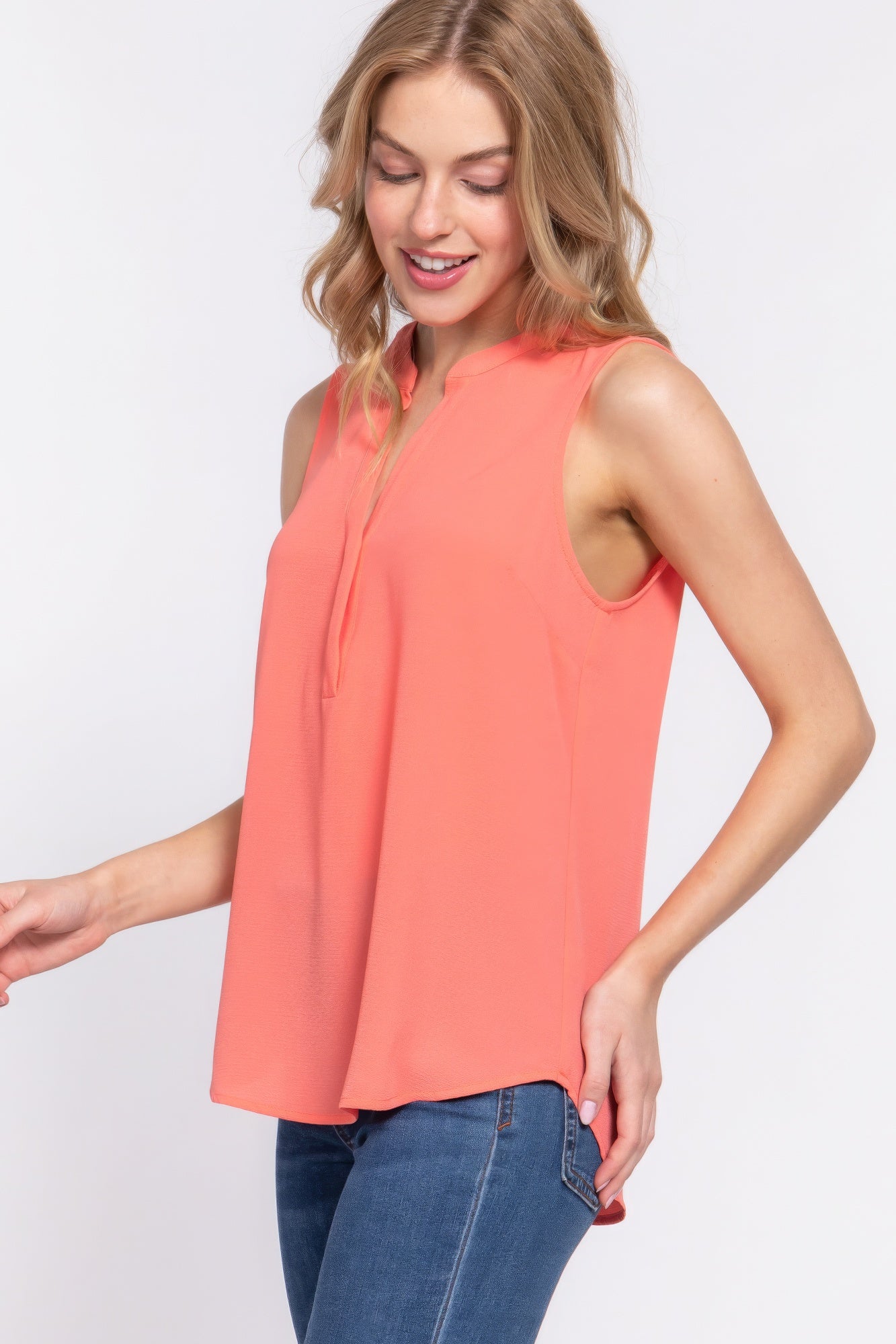Sleeveless Henley Neck Woven Top - That Janis Style