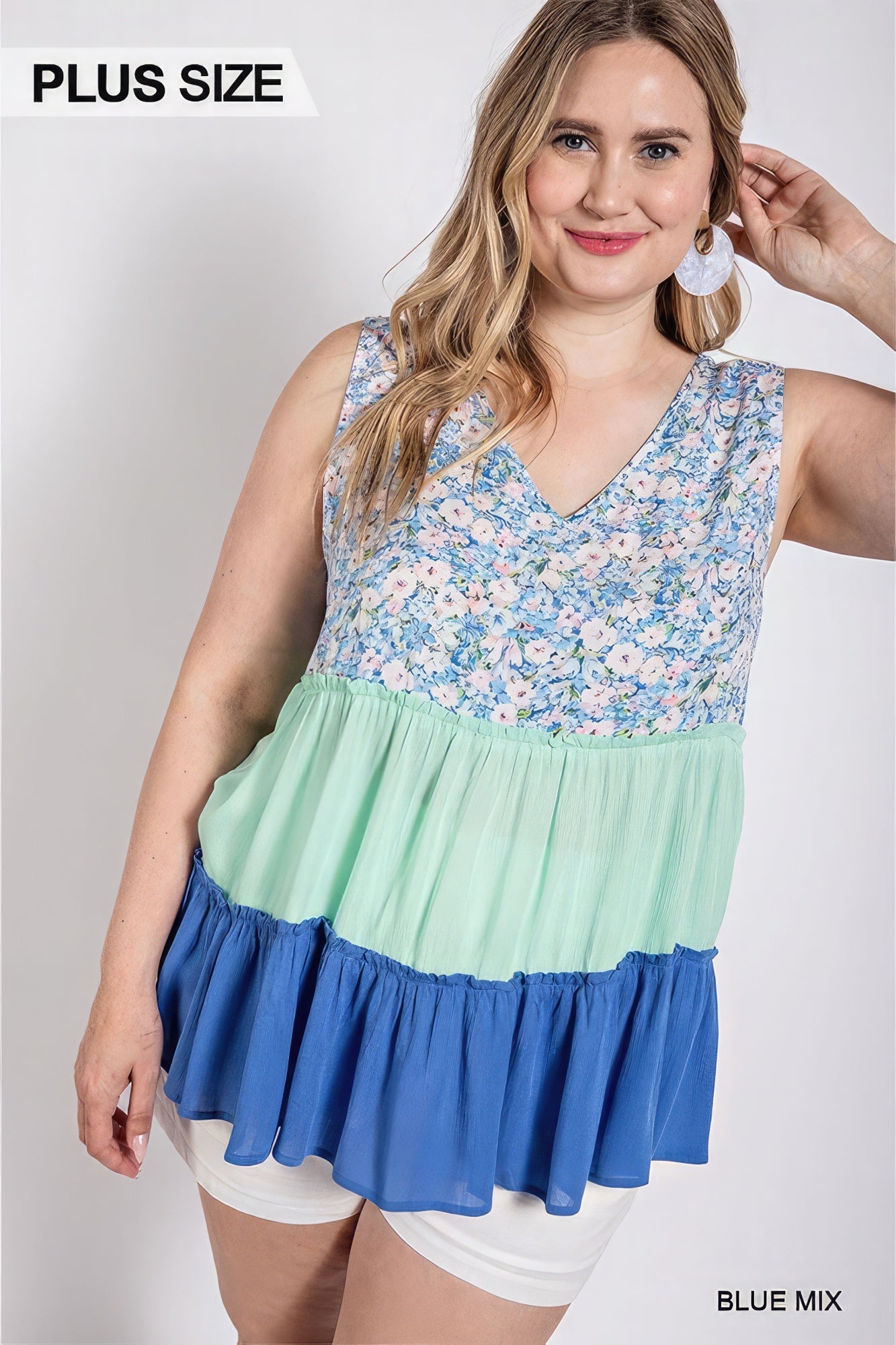 Floral Color Block Ruffle Detail Tiered V-neck Top - That Janis Style