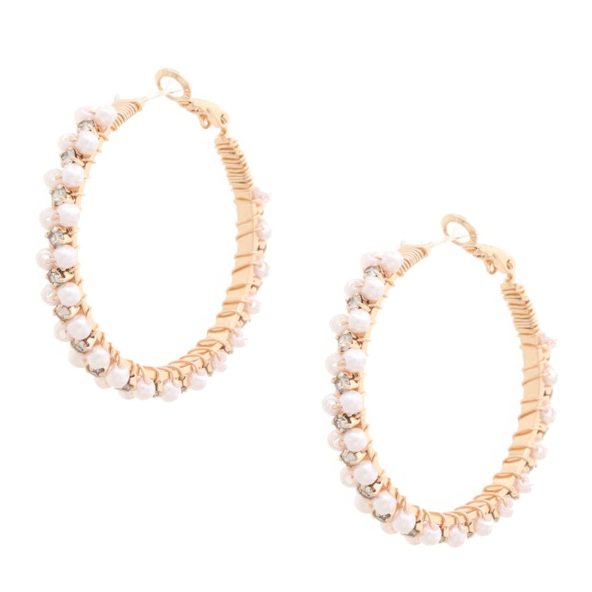 Pearl Bead Rhinestone Wire Wrapped Hoop Earring - That Janis Style