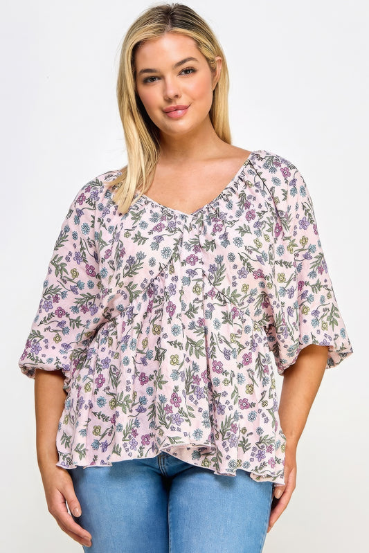 Floral V-neck Babydoll Balloon Slv Top - That Janis Style