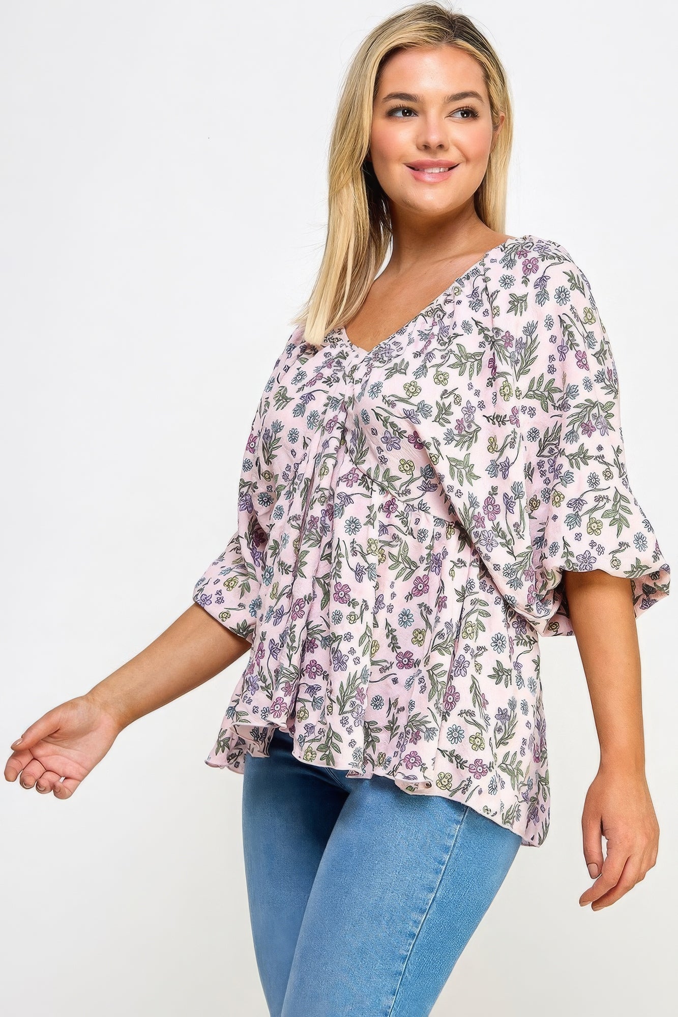 Floral V-neck Babydoll Balloon Slv Top - That Janis Style
