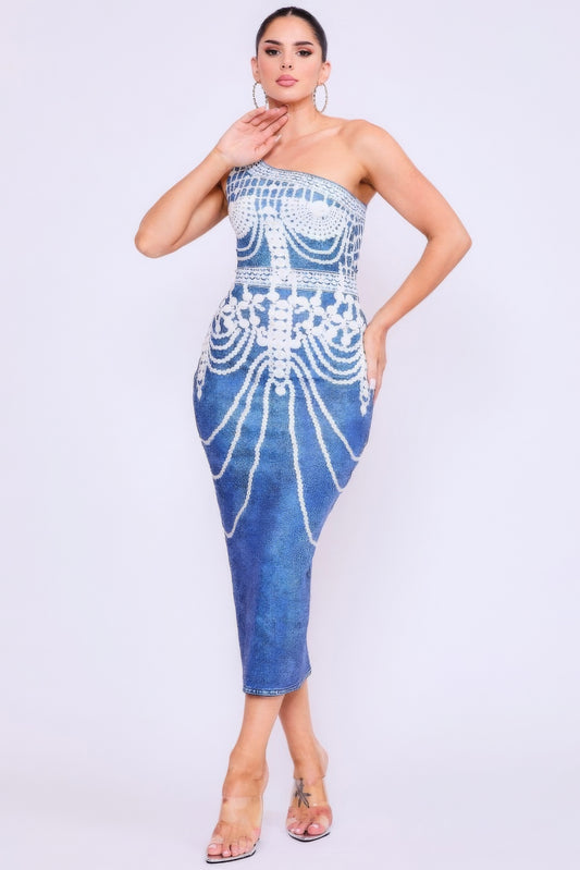 One Shoulder Denim Print Dress - That Janis Style