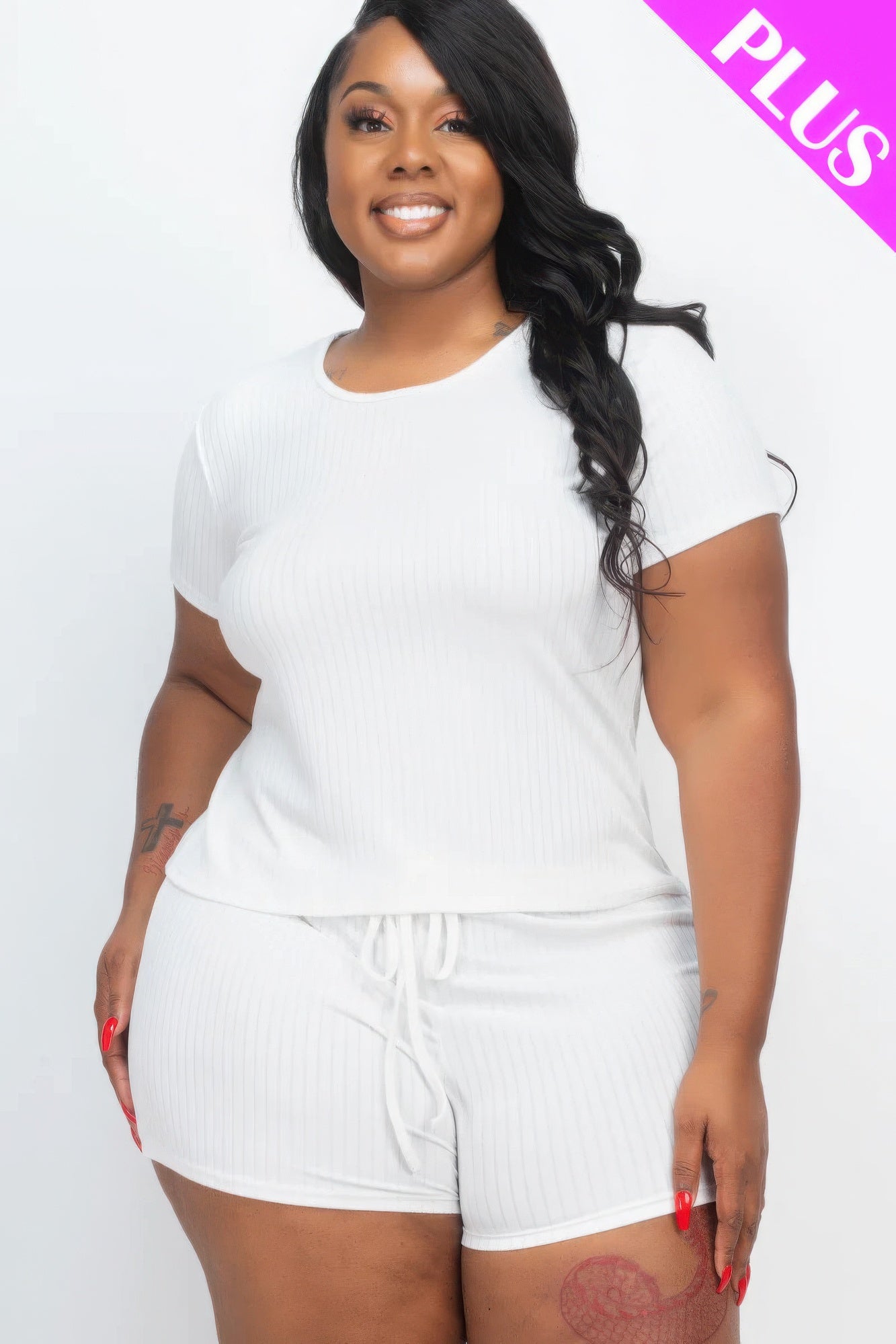 Plus Size Ribbed Short Sleeve Top&shorts Set - That Janis Style