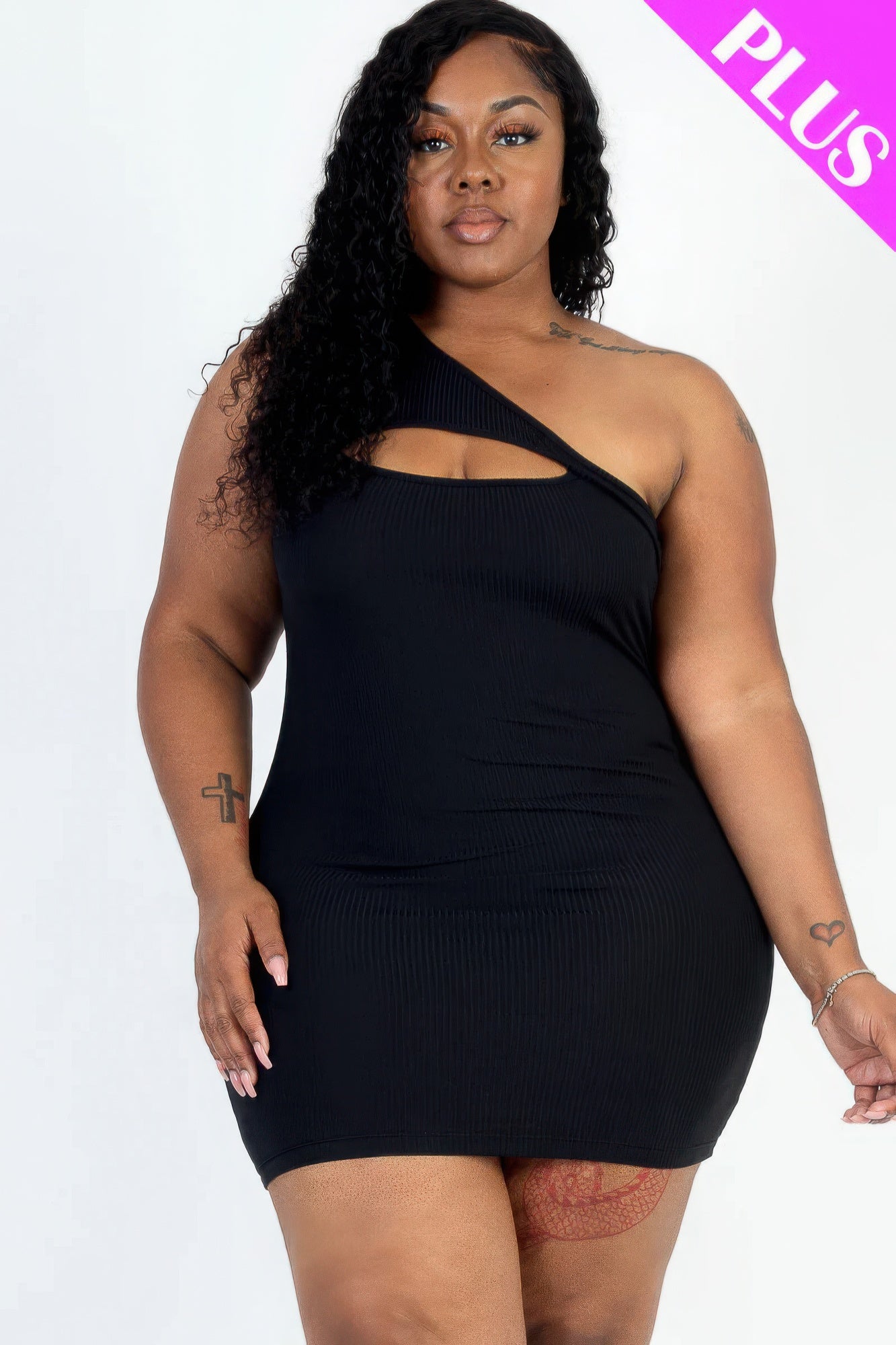 Plus Size Ribbed One Shoulder Cutout Front Casual Mini Bodycon Dress - That Janis Style