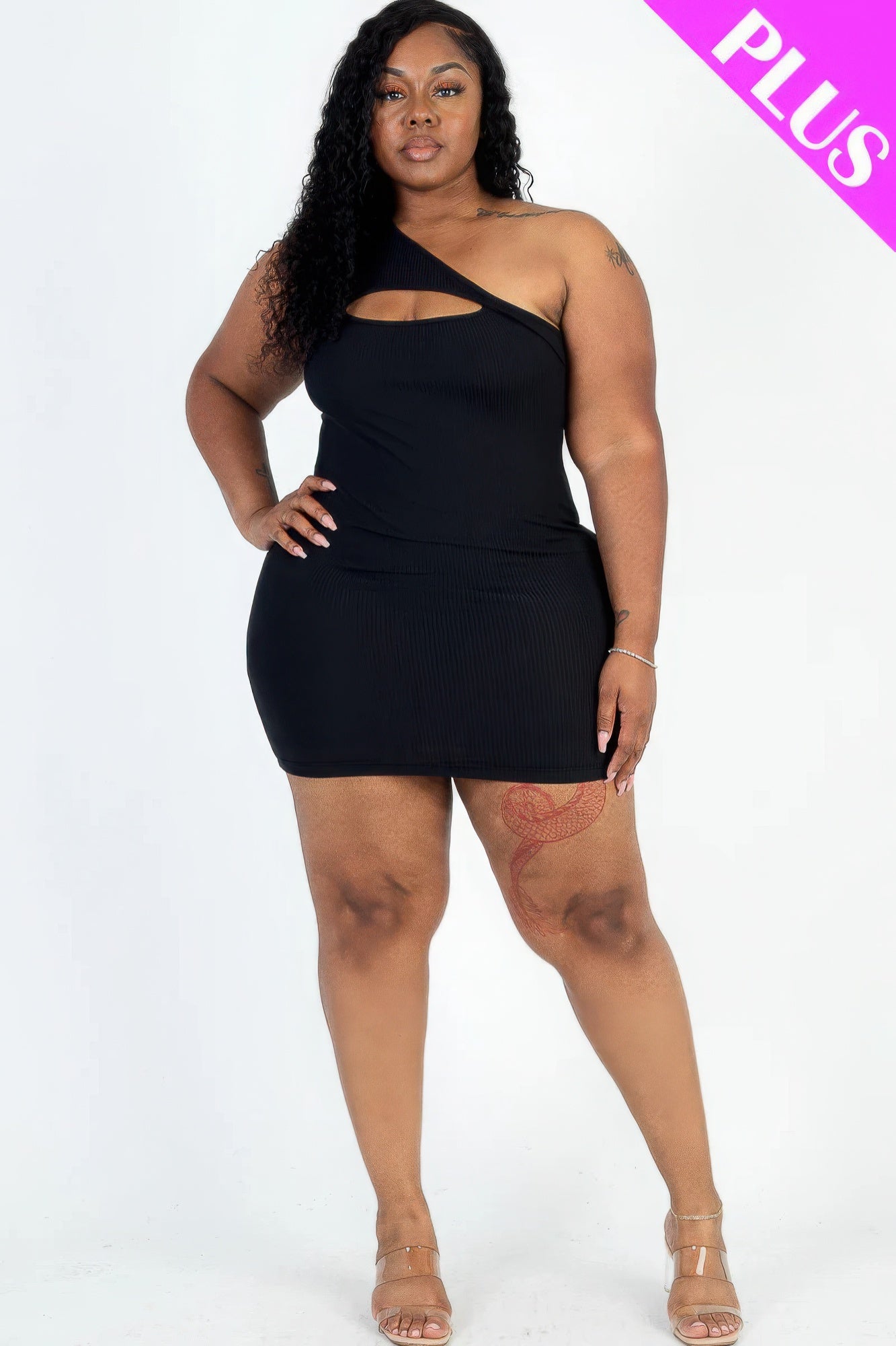 Plus Size Ribbed One Shoulder Cutout Front Casual Mini Bodycon Dress - That Janis Style