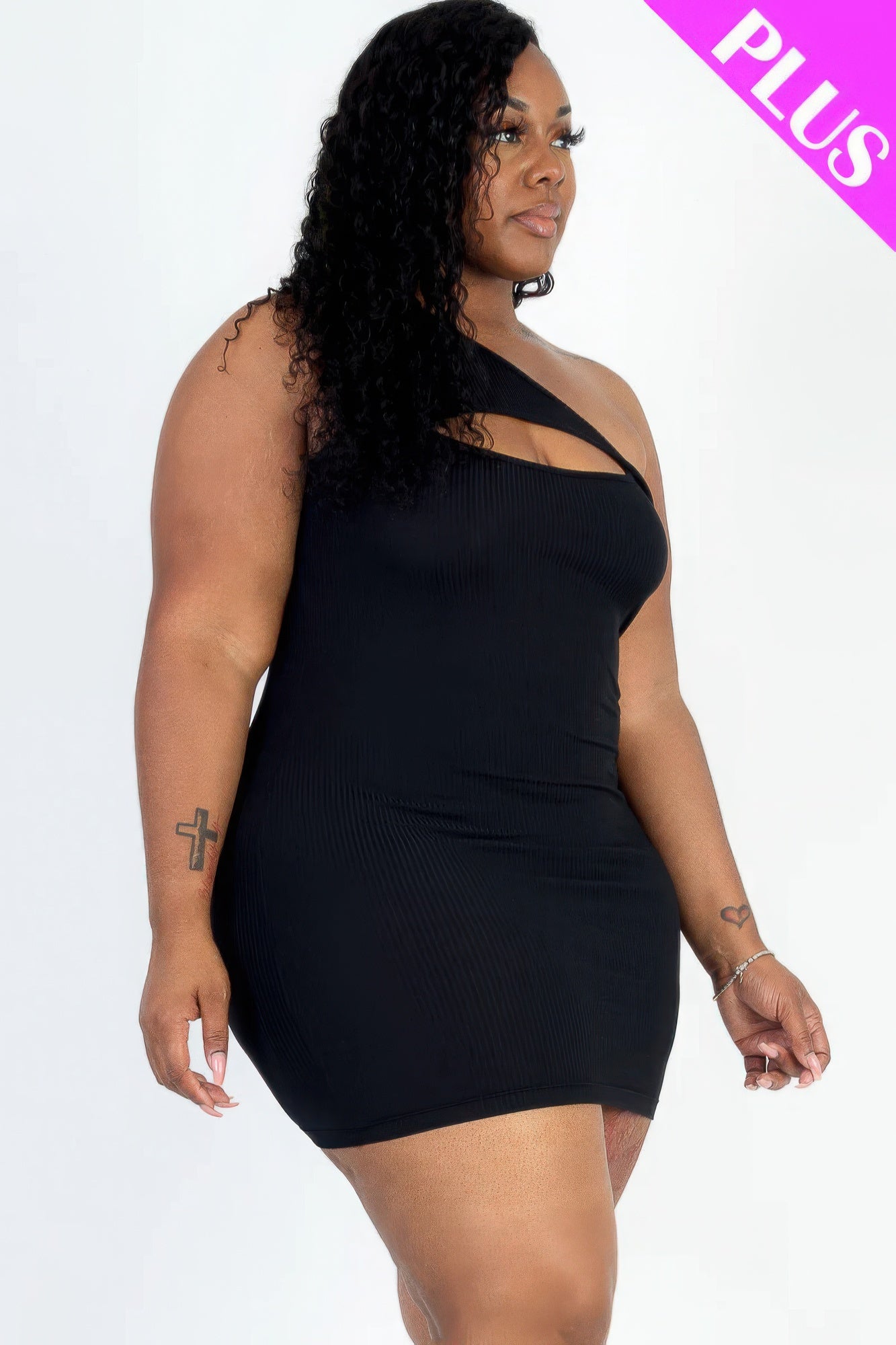 Plus Size Ribbed One Shoulder Cutout Front Casual Mini Bodycon Dress - That Janis Style