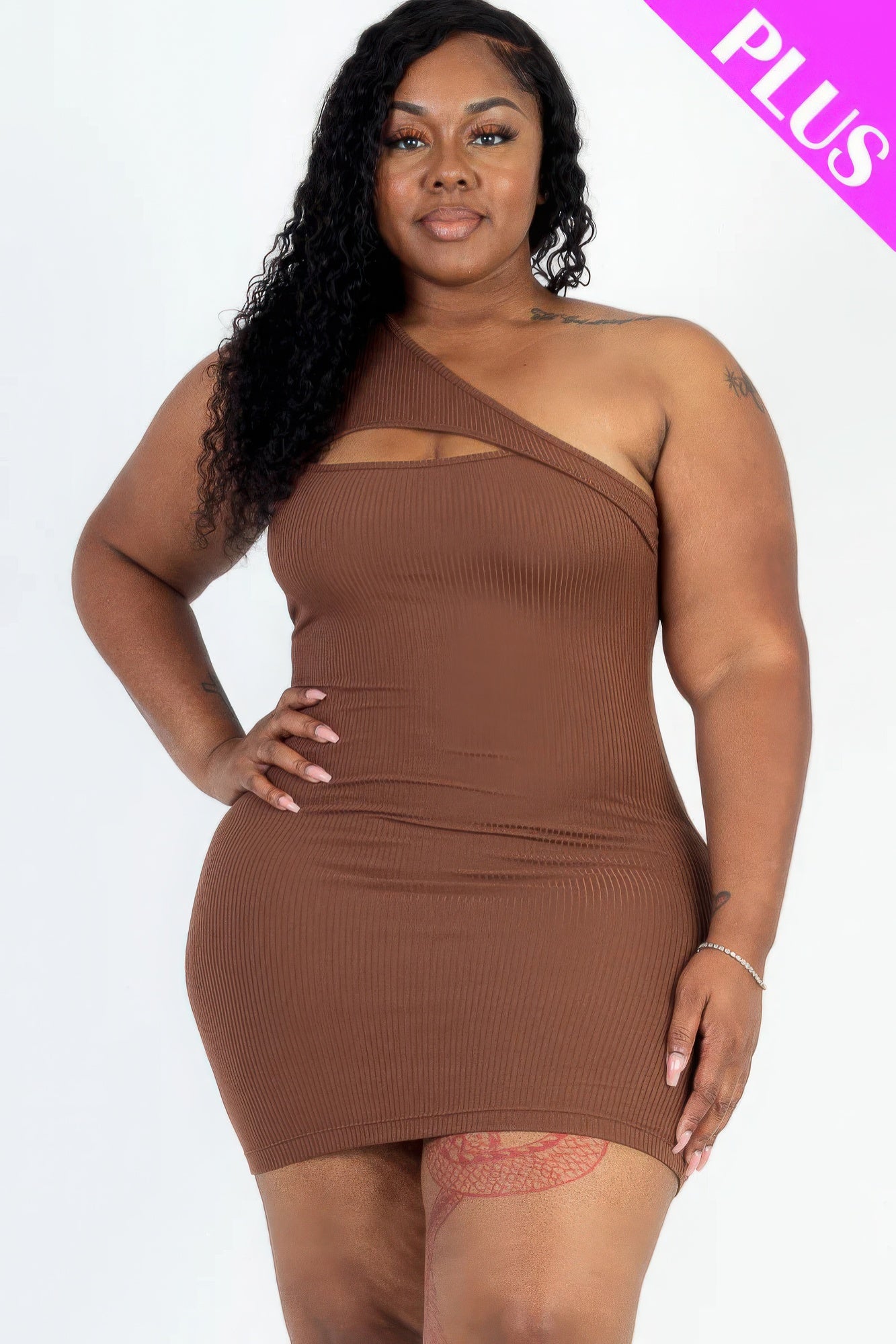 Plus Size Ribbed One Shoulder Cutout Front Casual Mini Bodycon Dress - That Janis Style