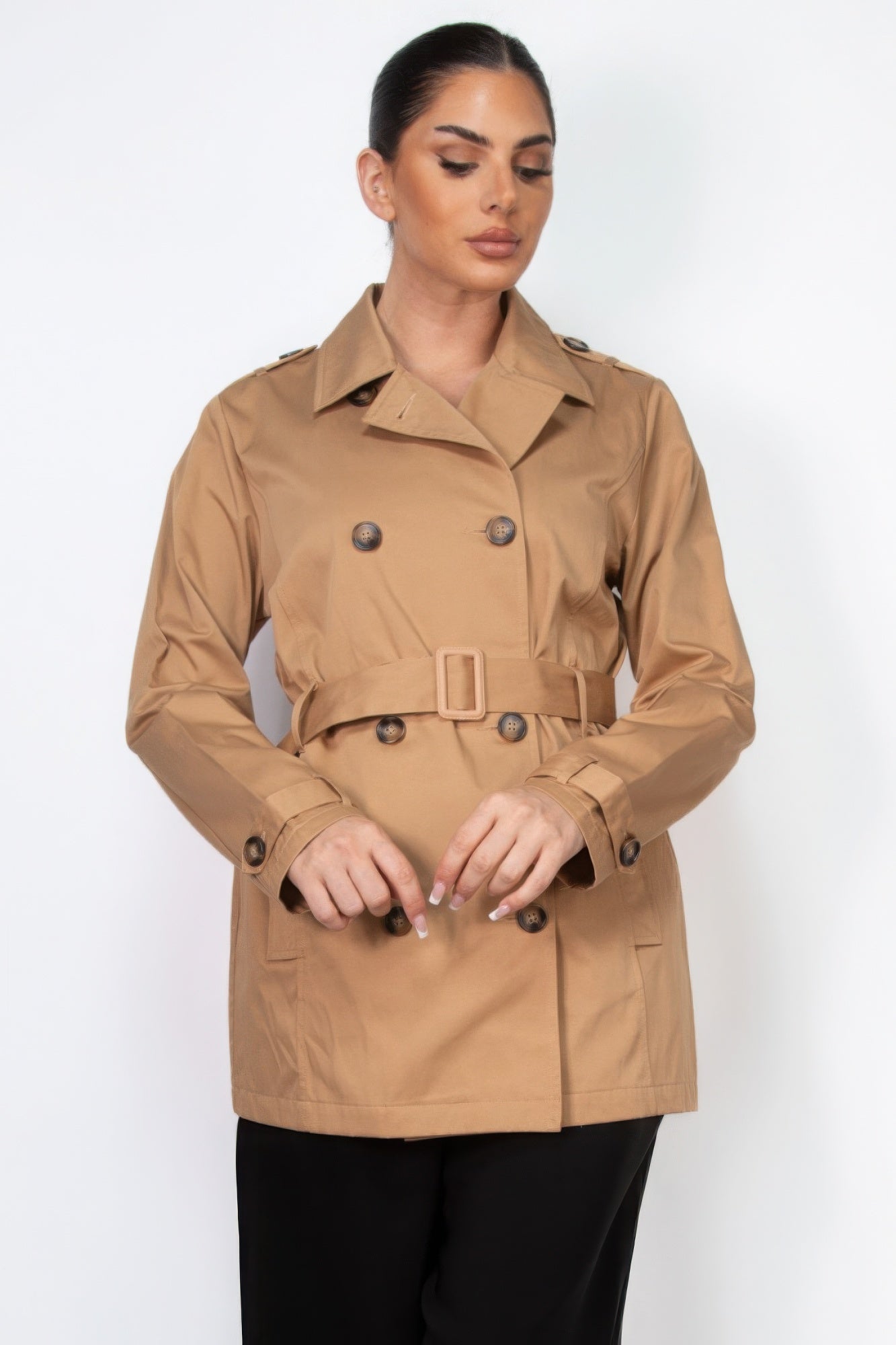 Double-breasted Notch Belted Coat - That Janis Style