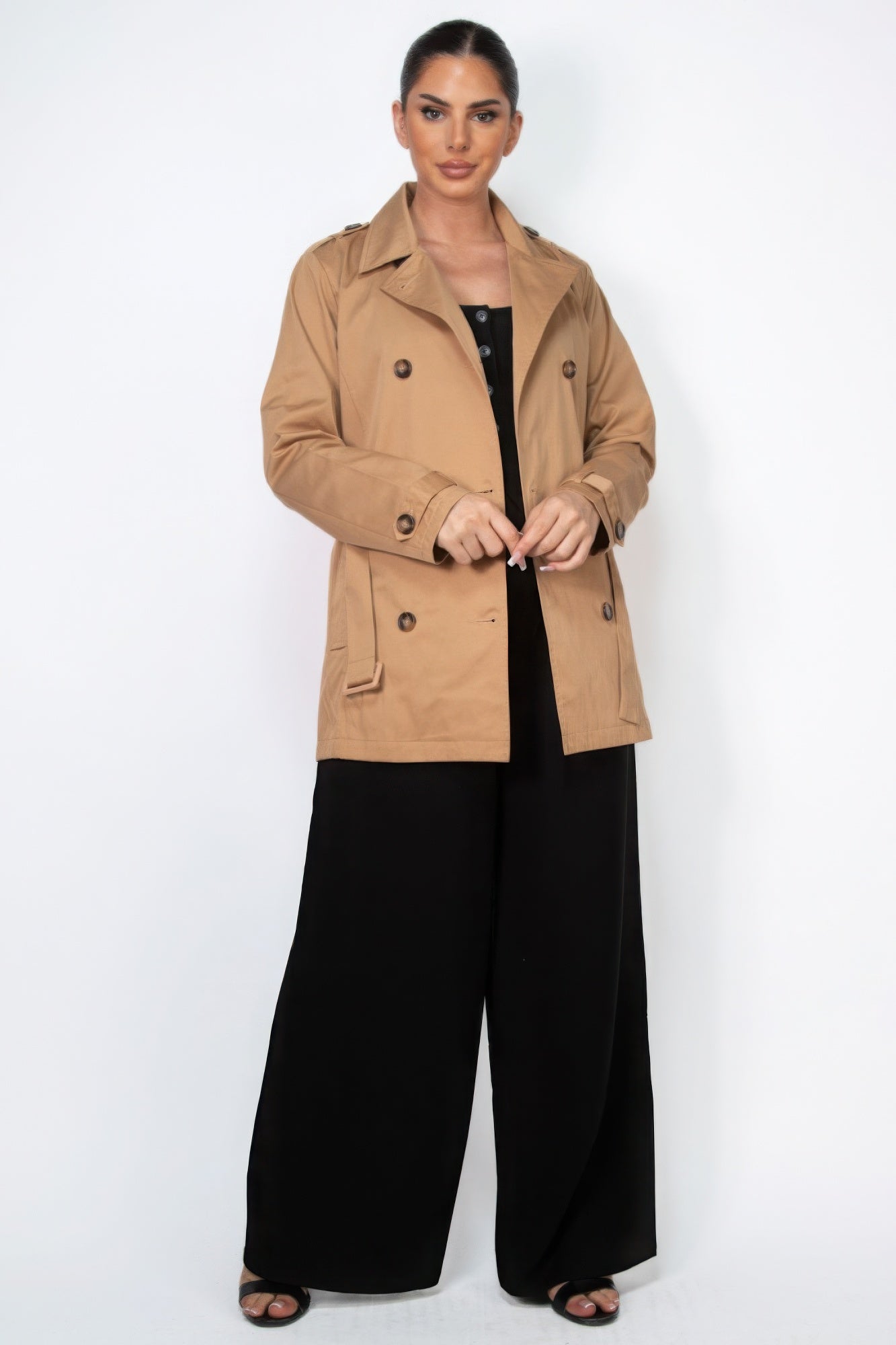 Double-breasted Notch Belted Coat - That Janis Style