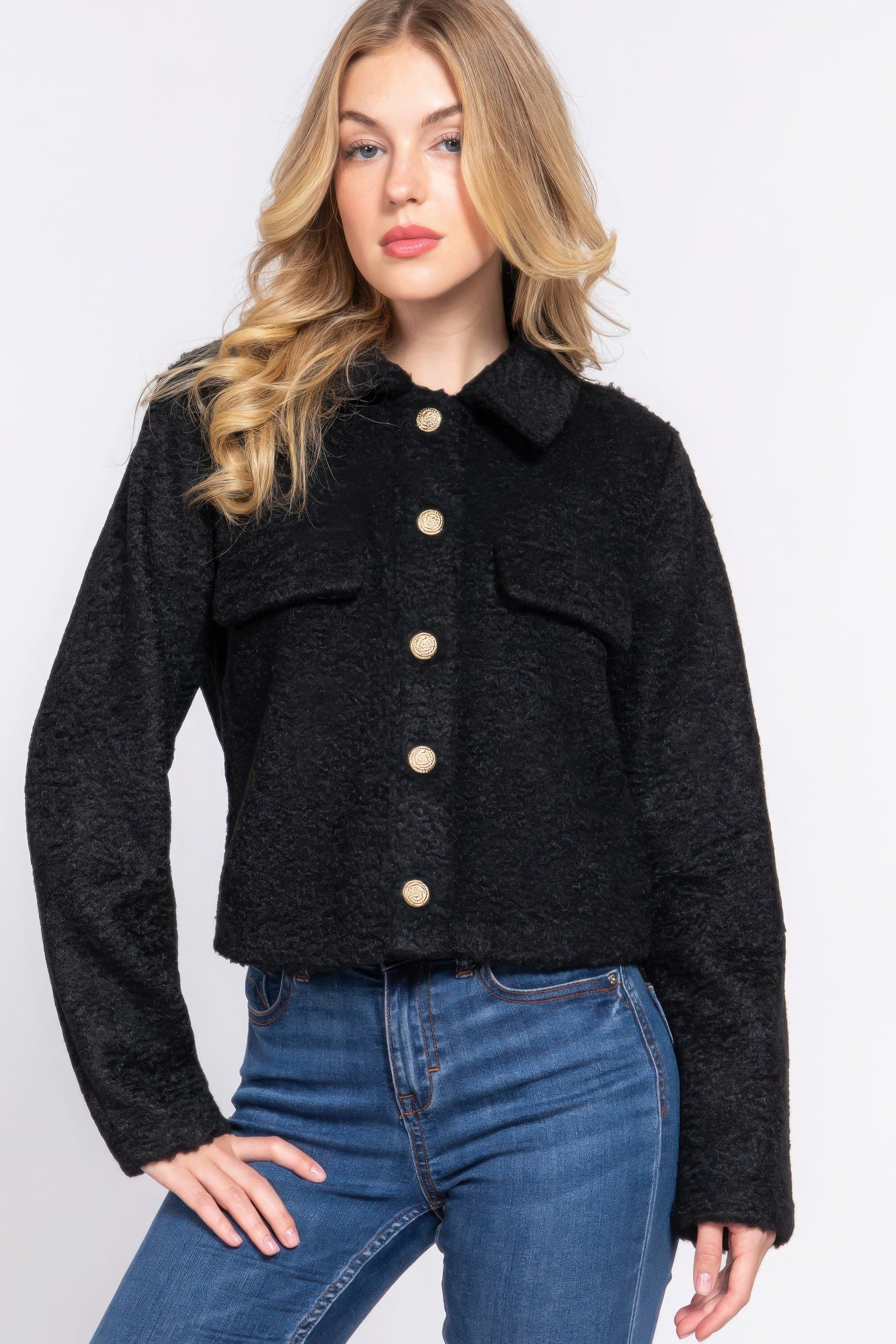 Long Slv Teddy Fleece Short Jacket - That Janis Style