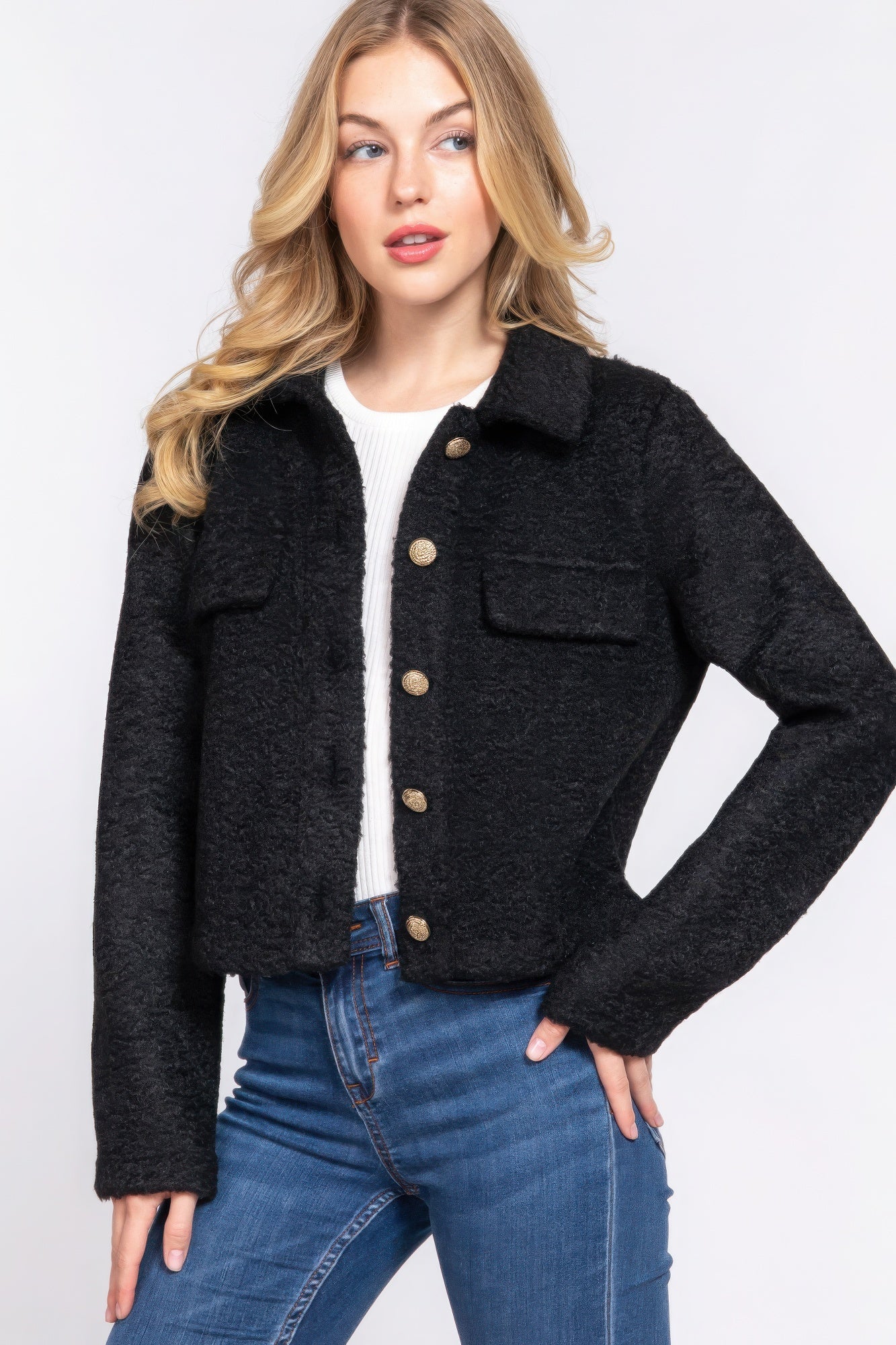 Long Slv Teddy Fleece Short Jacket - That Janis Style