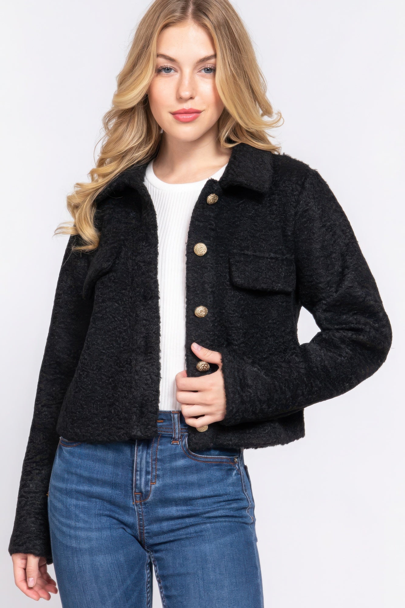 Long Slv Teddy Fleece Short Jacket - That Janis Style