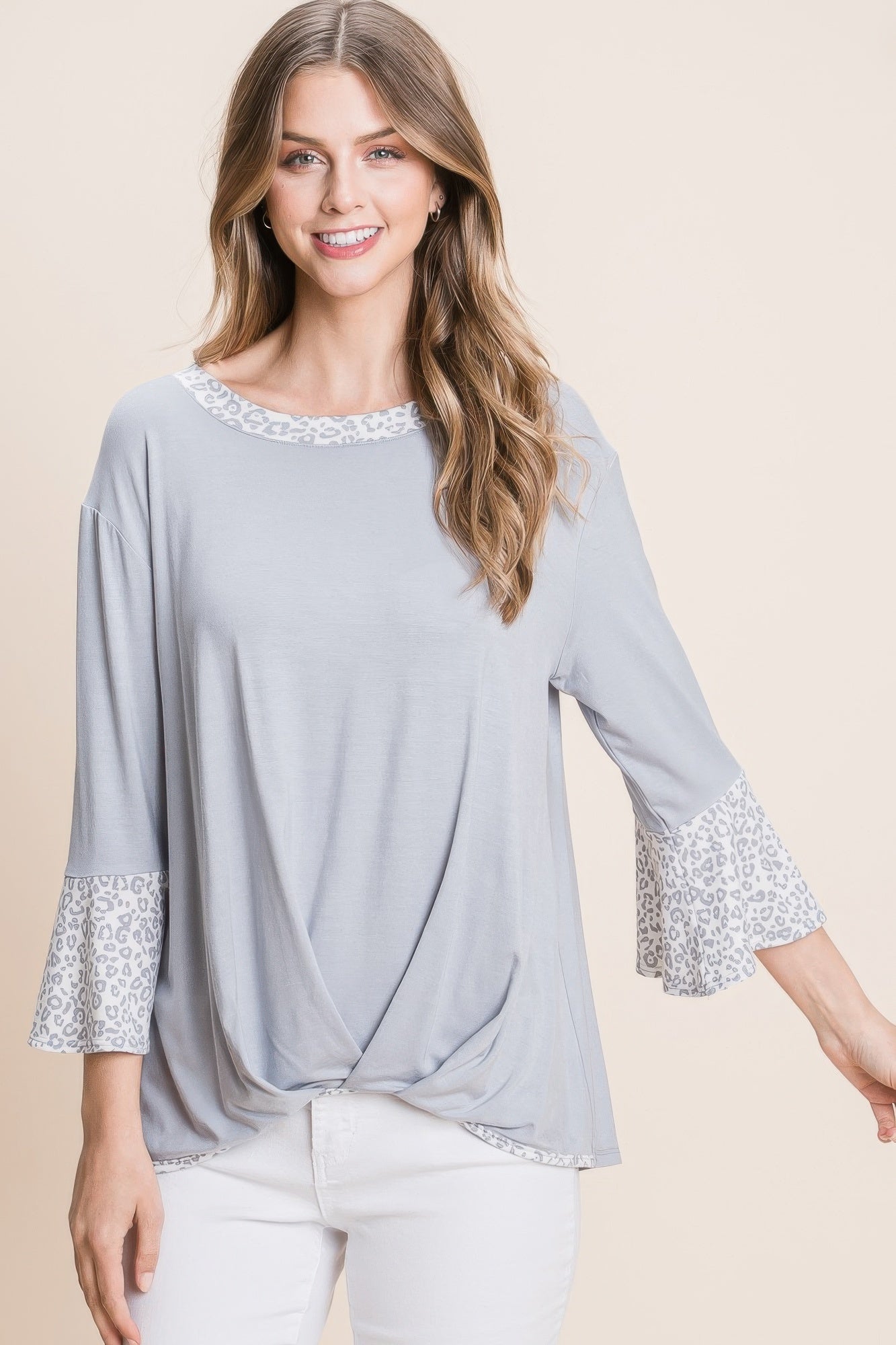 Animal Print Contrast Bell Sleeves Fashion Top With Gathered Front Hem - That Janis Style